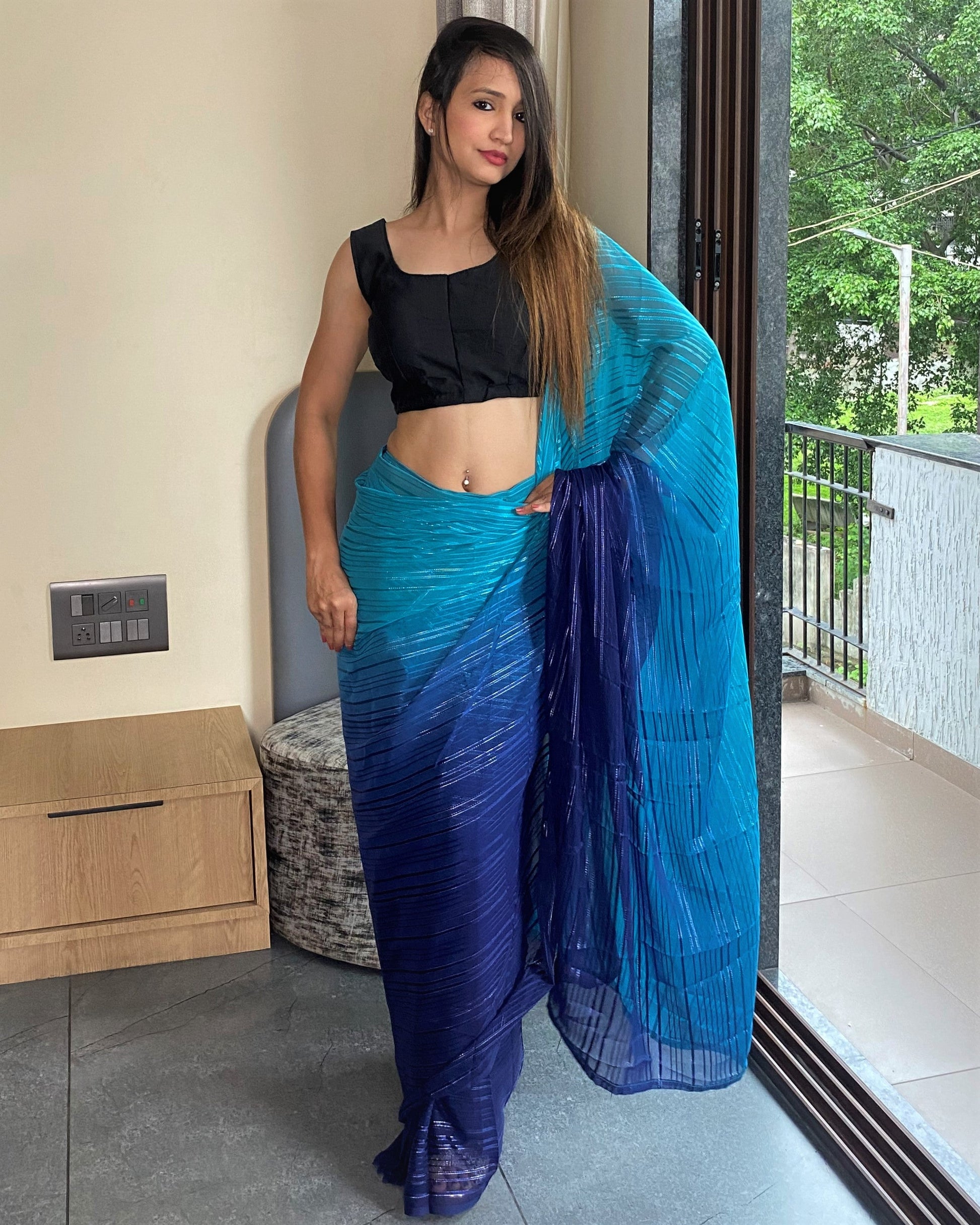 1-Min Ready to Wear Saree in Premium Blue Chiffon