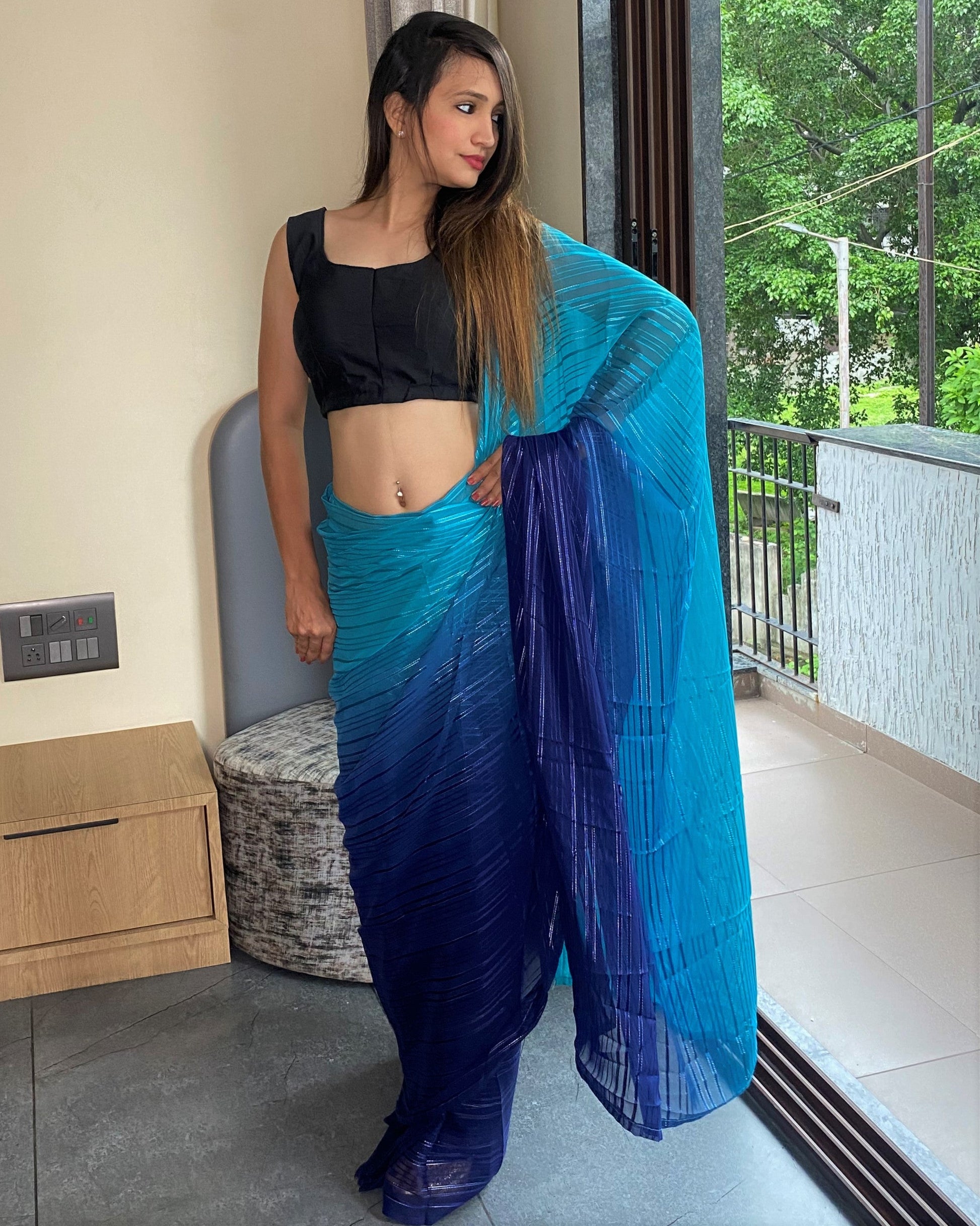1-Min Ready to Wear Saree in Premium Blue Chiffon