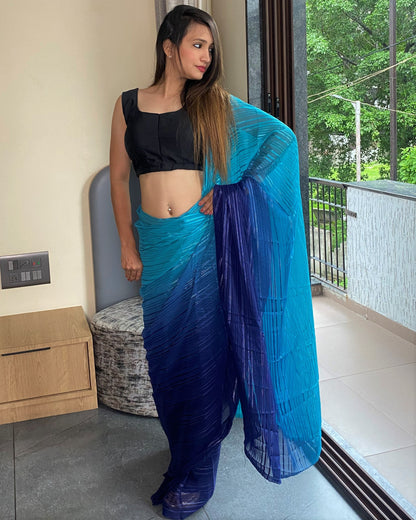 1-Min Ready to Wear Saree in Premium Blue Chiffon