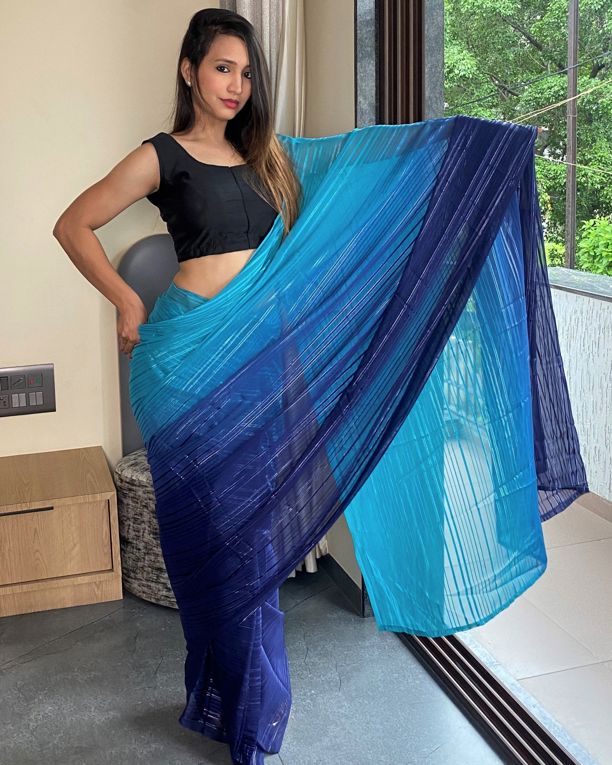 1-Min Ready to Wear Saree in Premium Blue Chiffon