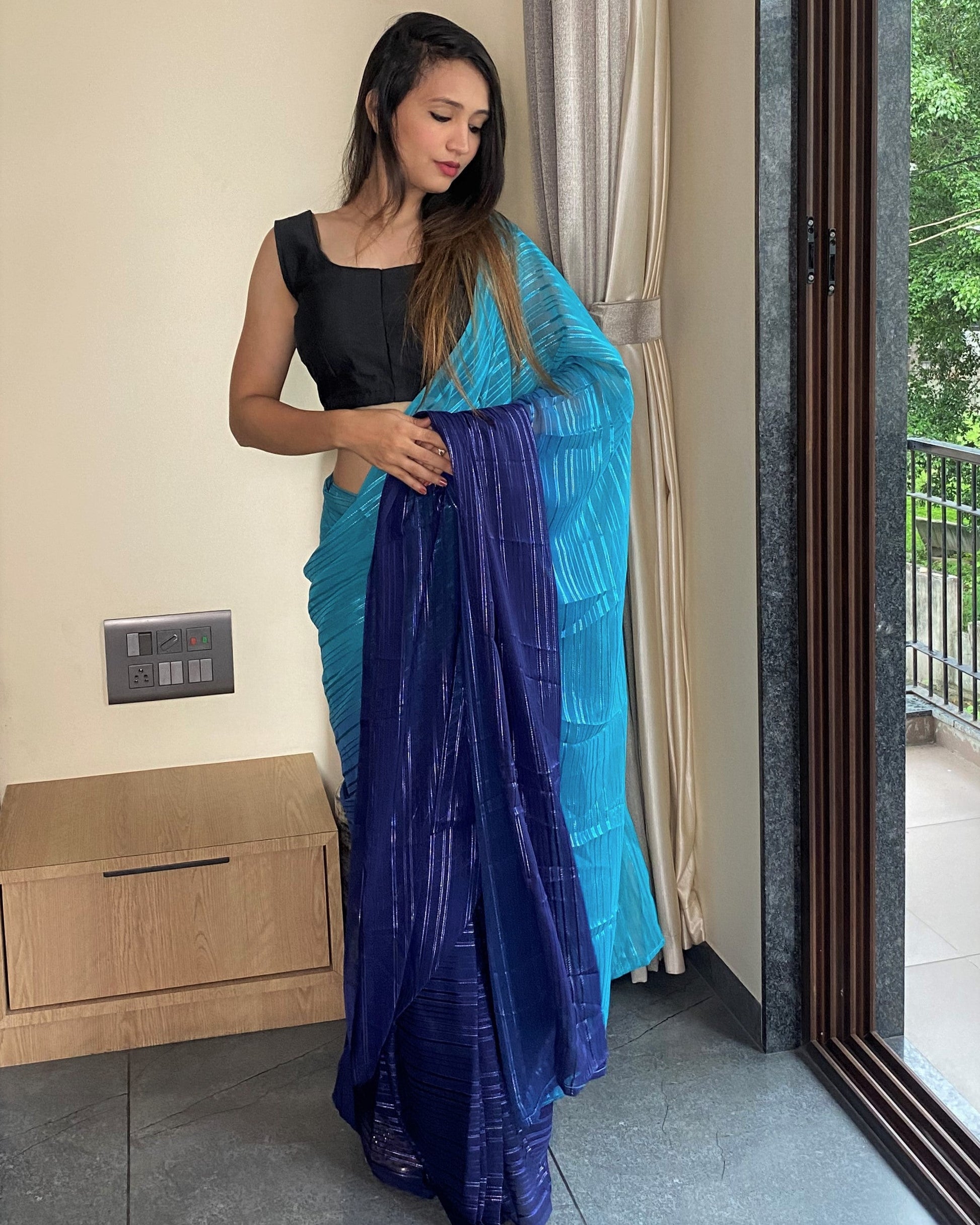 1-Min Ready to Wear Saree in Premium Blue Chiffon