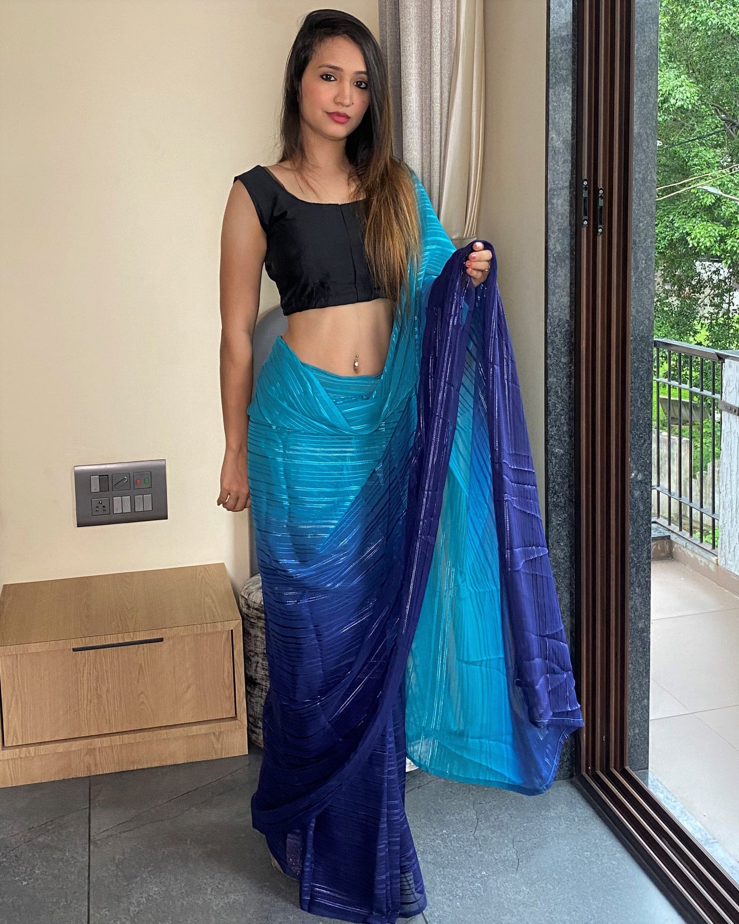 1-Min Ready to Wear Saree in Premium Blue Chiffon