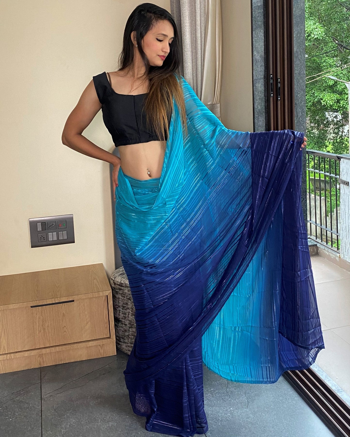 1-Min Ready to Wear Saree in Premium Blue Chiffon