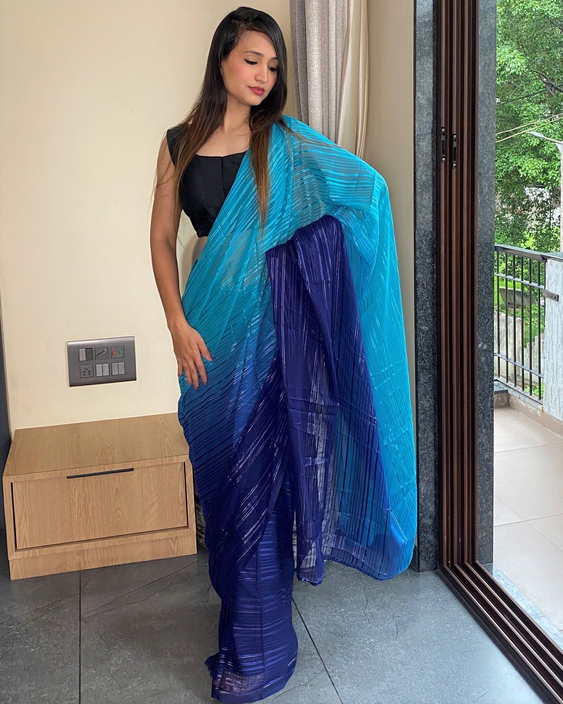 1-Min Ready to Wear Saree in Premium Blue Chiffon
