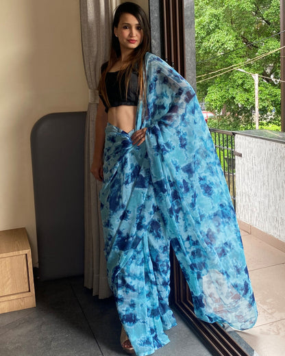 1-Min Ready to Wear Saree In Premium Georgette in Sky Blue