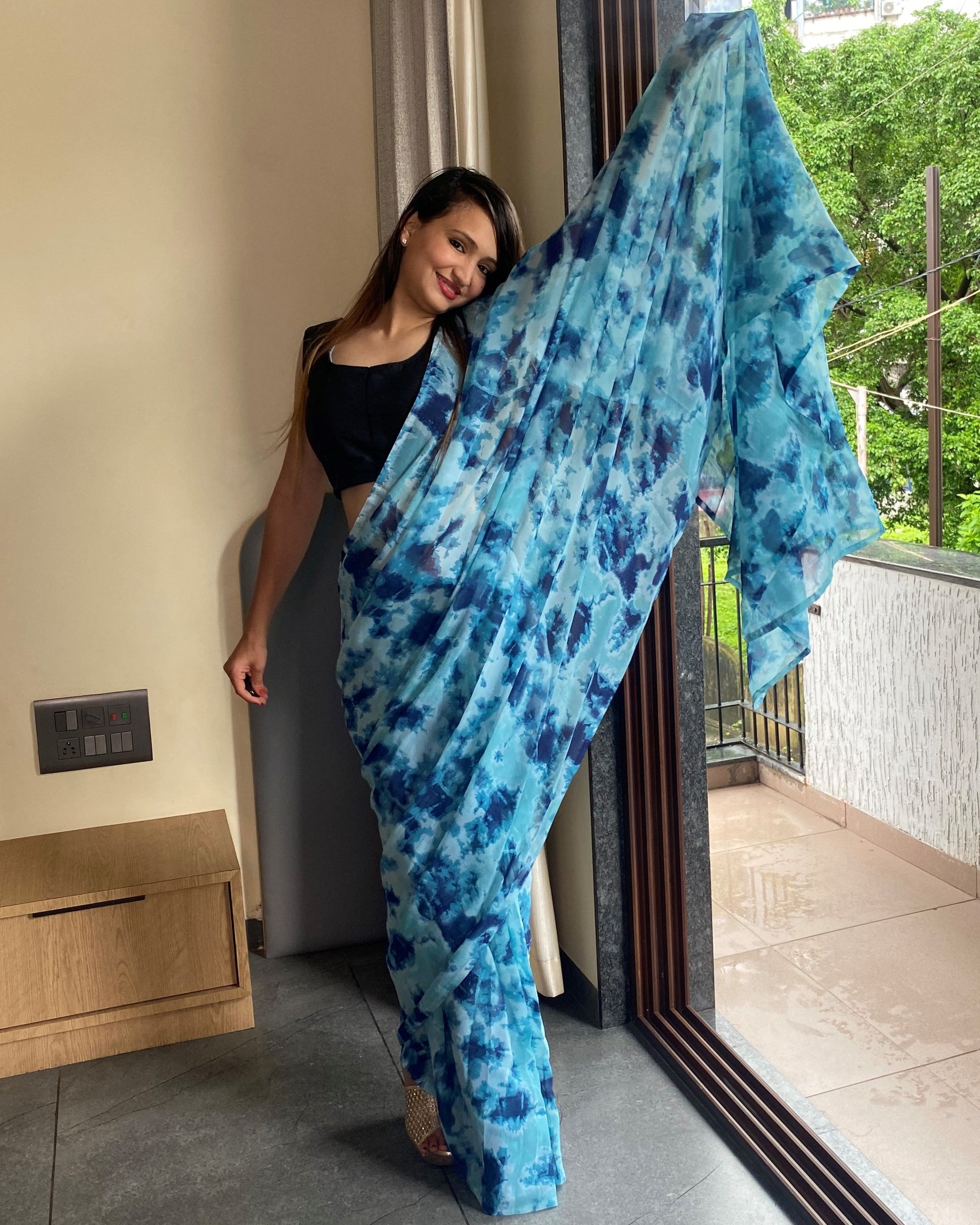1-Min Ready to Wear Saree In Premium Georgette in Sky Blue