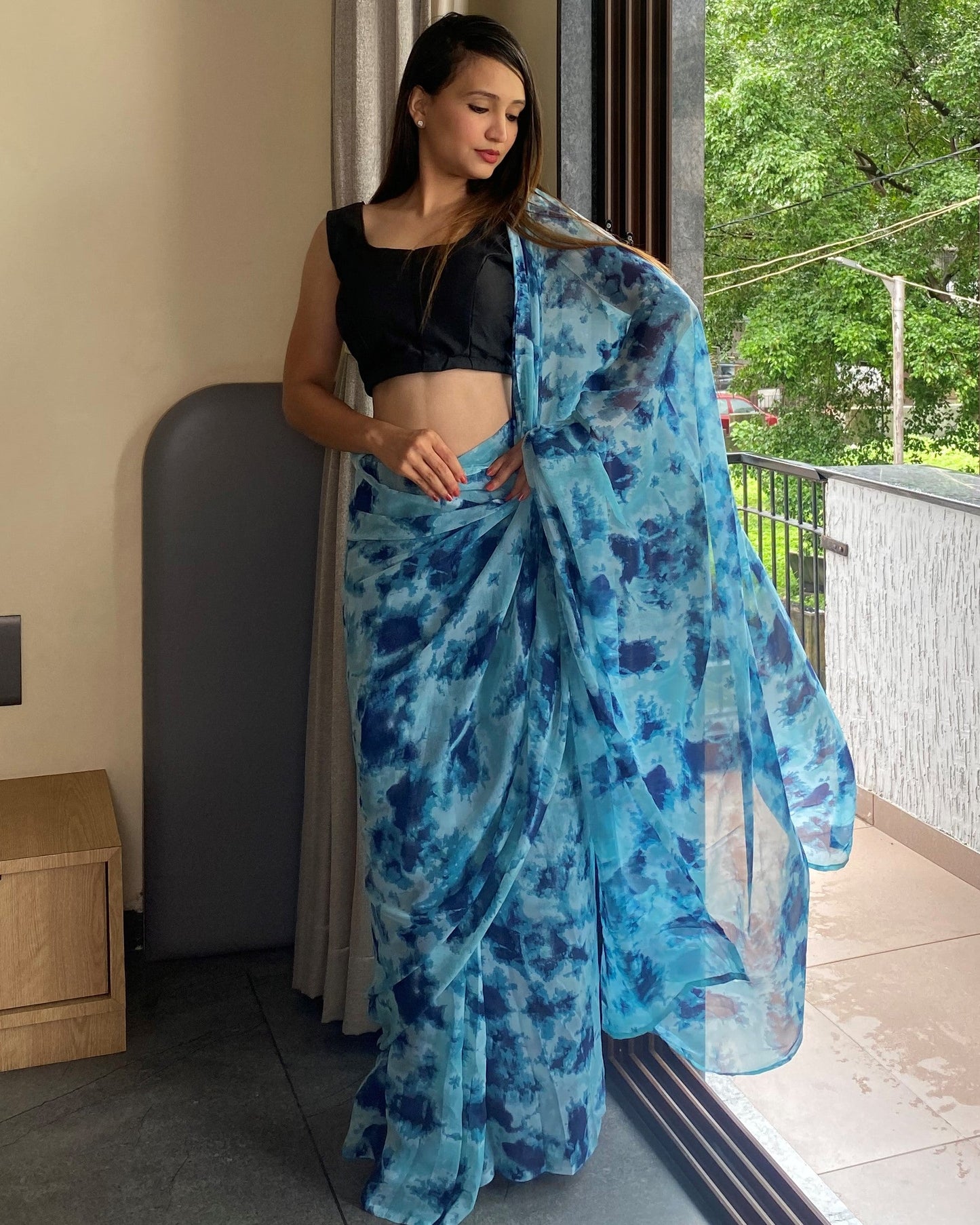 1-Min Ready to Wear Saree In Premium Georgette in Sky Blue