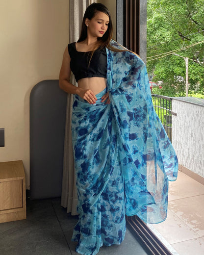 1-Min Ready to Wear Saree In Premium Georgette in Sky Blue