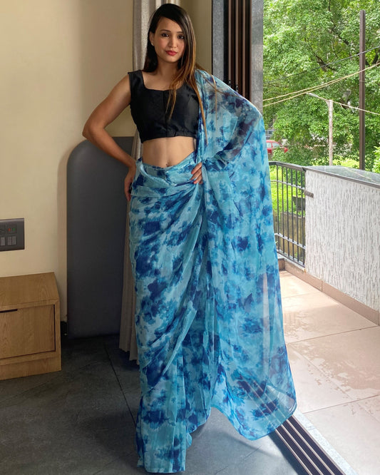 1-Min Ready to Wear Saree In Premium Georgette in Sky Blue