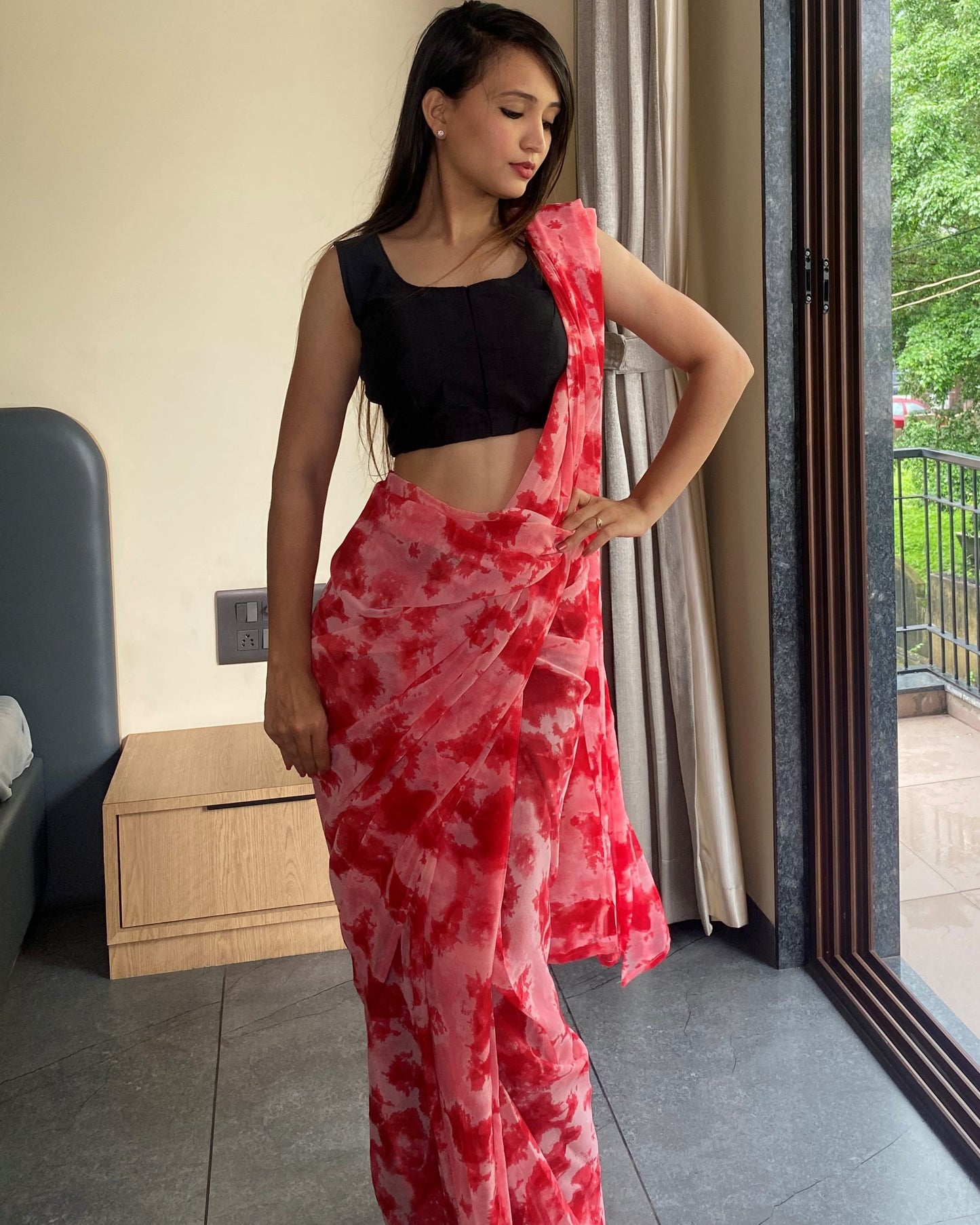 1-Min Ready to Wear Saree in Premium Georgette in Red