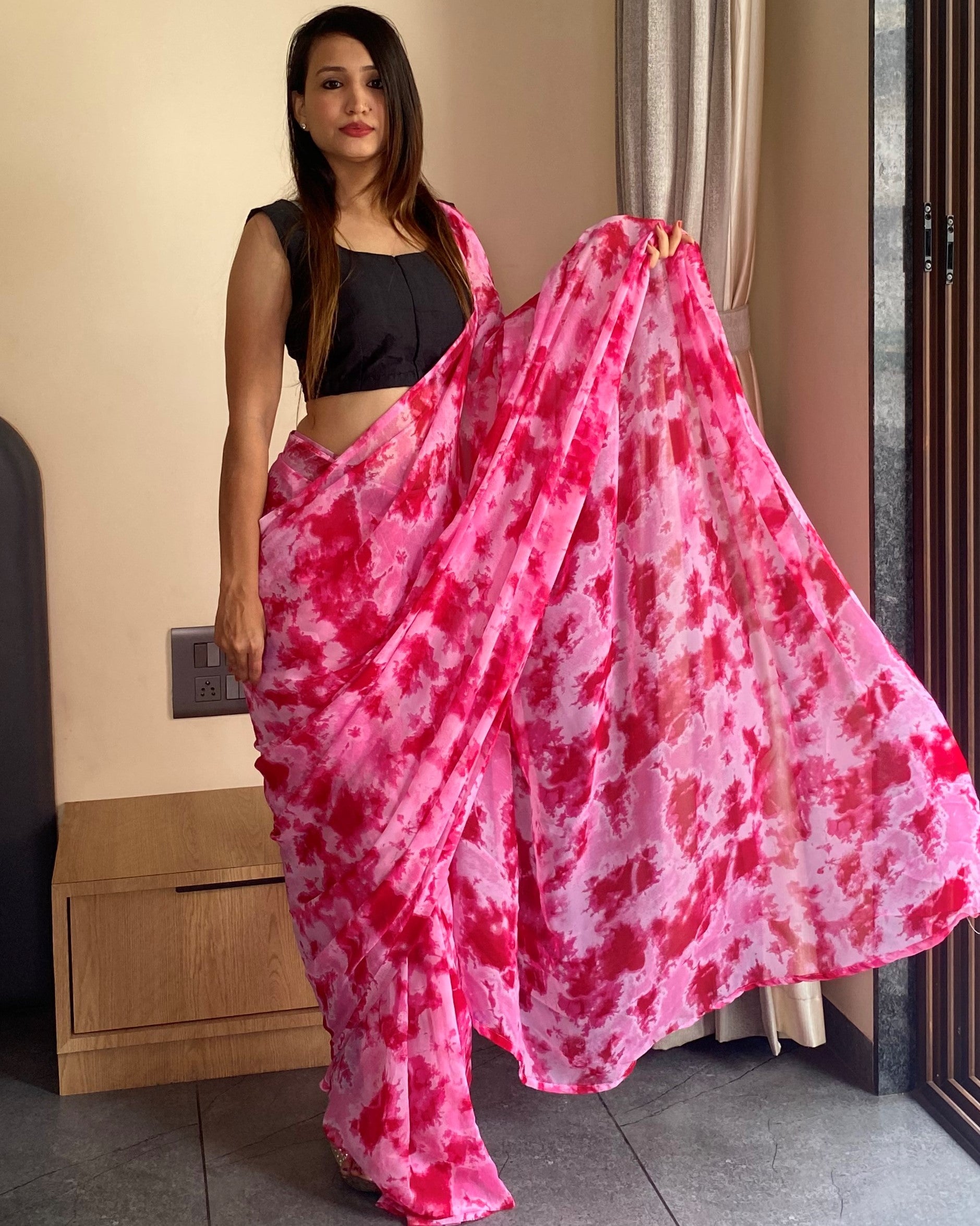 1-Min Ready to Wear Saree in Premium Georgette in Pink