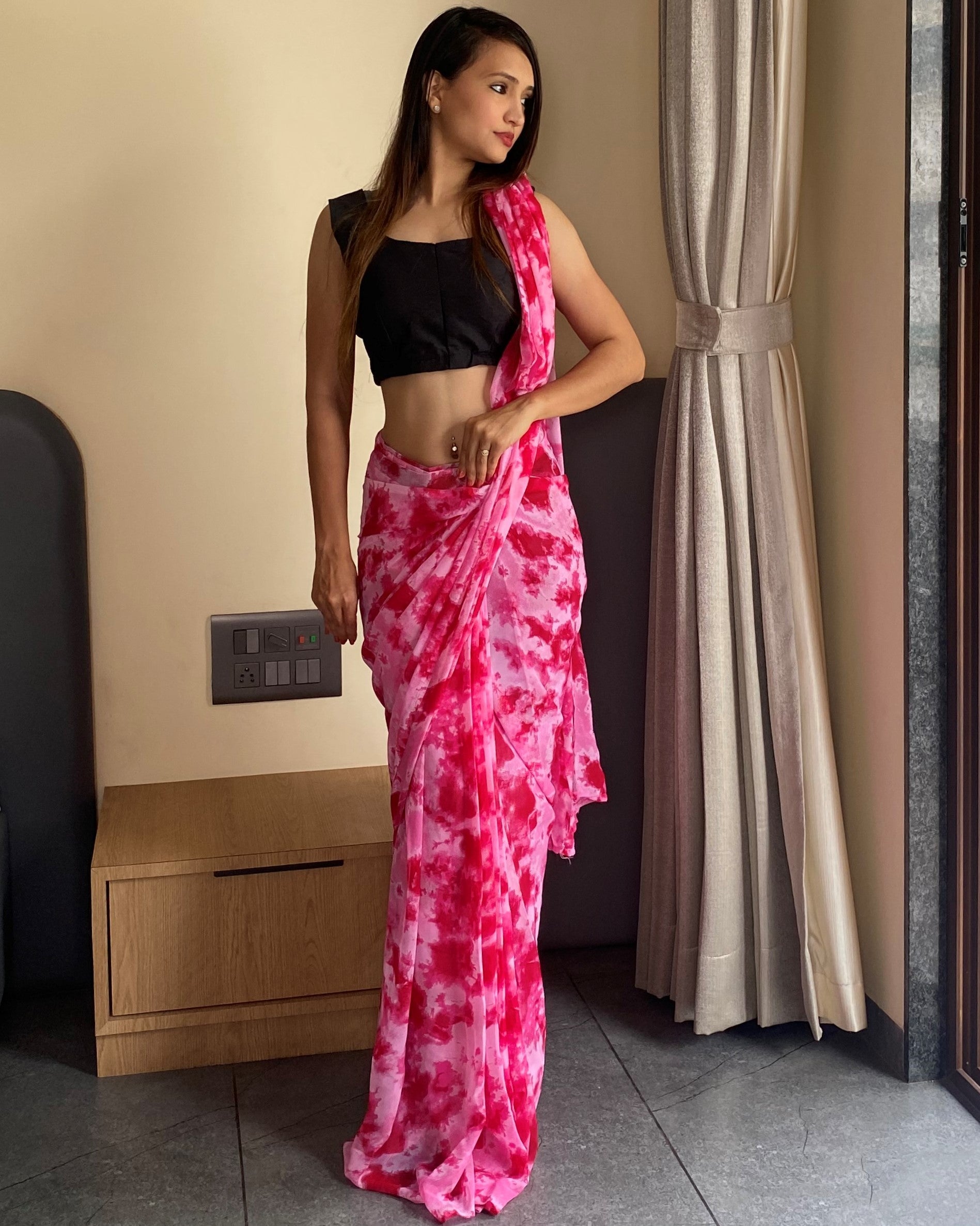 1-Min Ready to Wear Saree in Premium Georgette in Pink