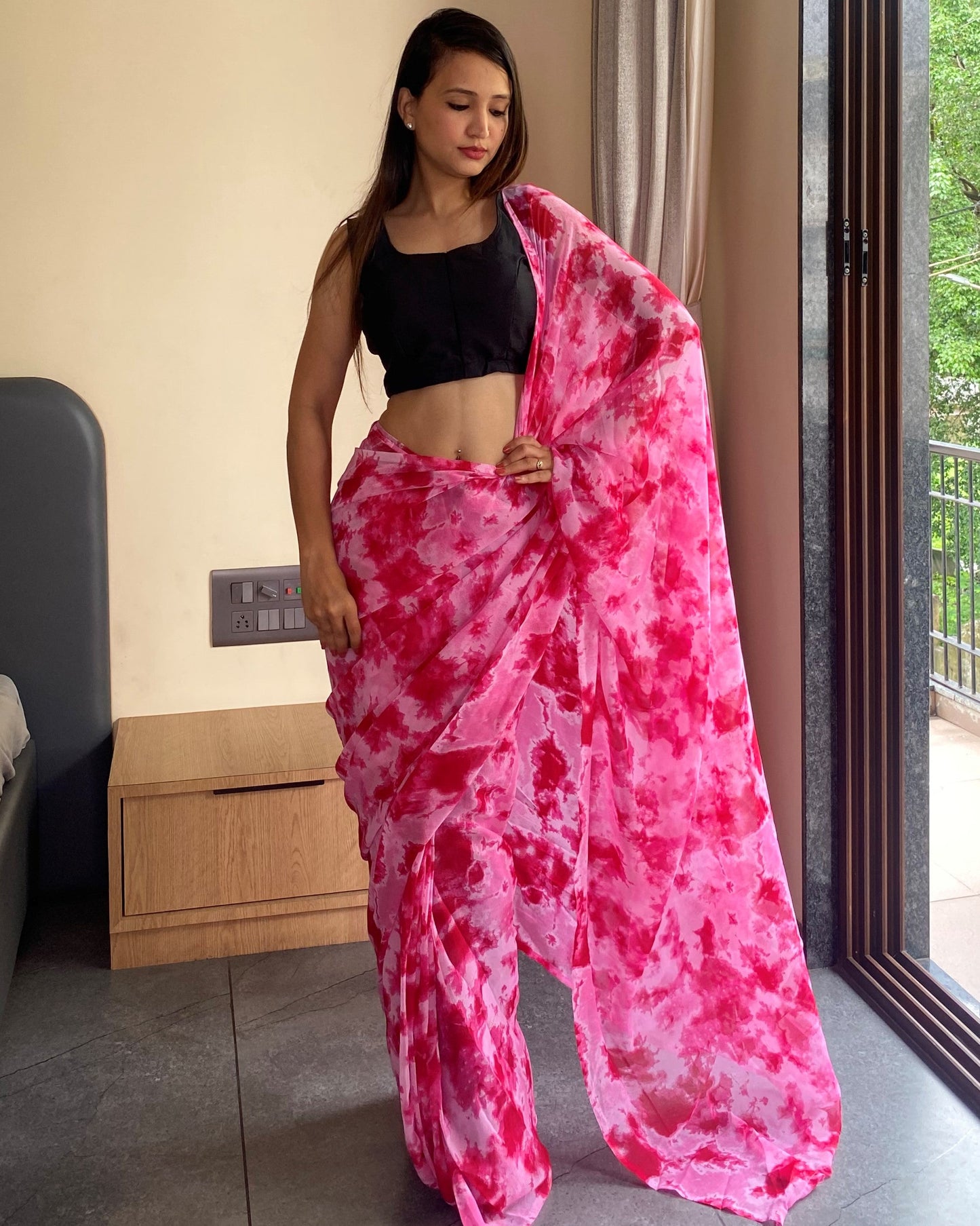 1-Min Ready to Wear Saree in Premium Georgette in Pink