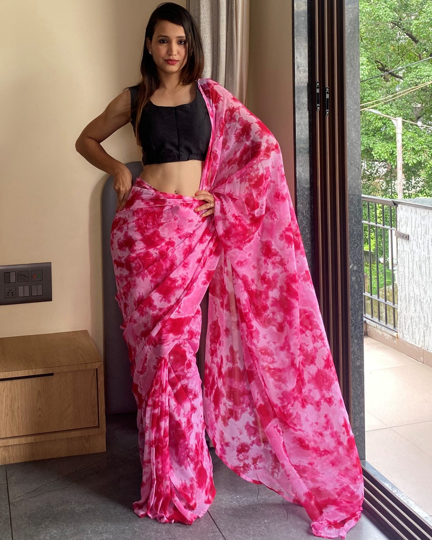 1-Min Ready to Wear Saree in Premium Georgette in Pink