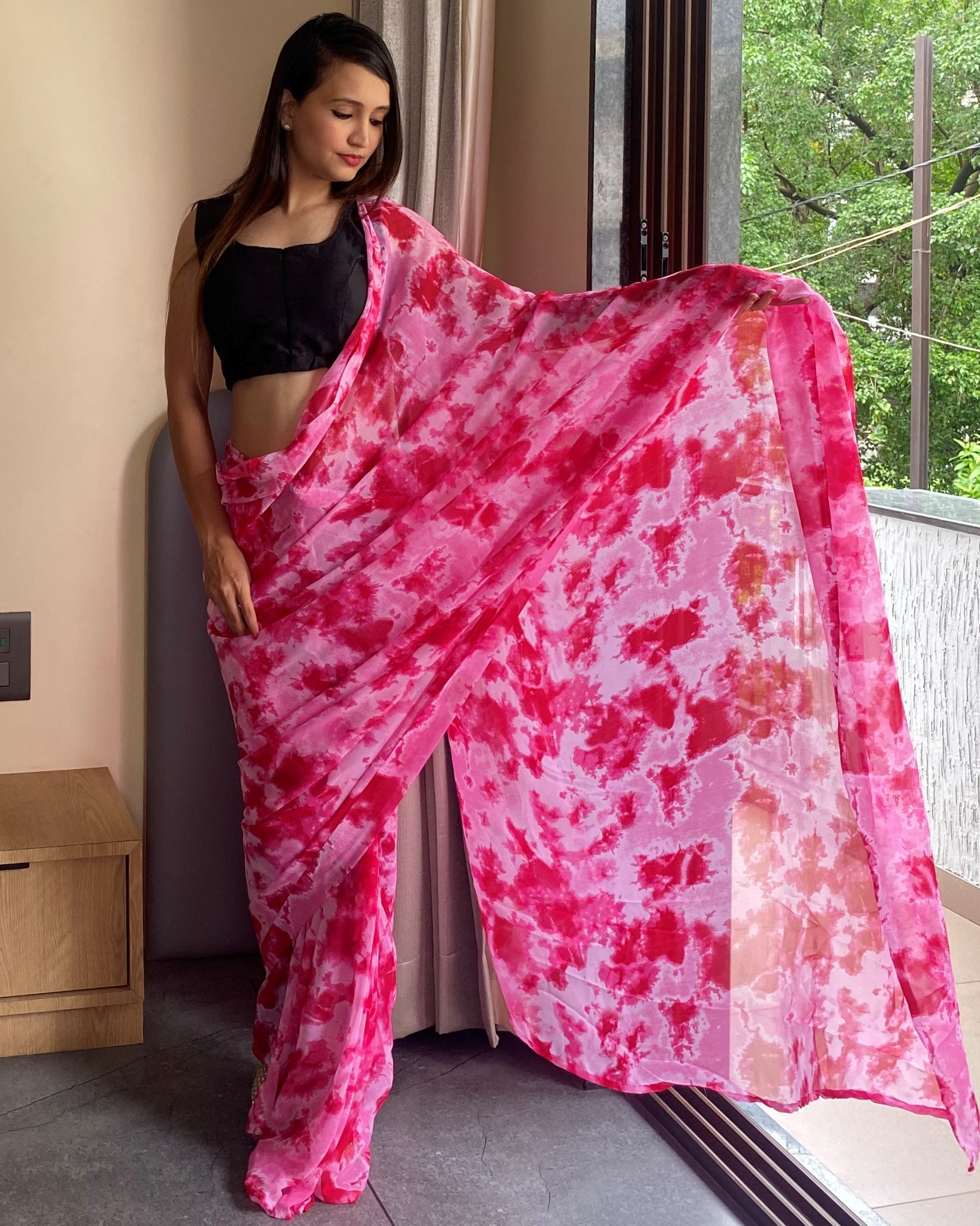 1-Min Ready to Wear Saree in Premium Georgette in Pink
