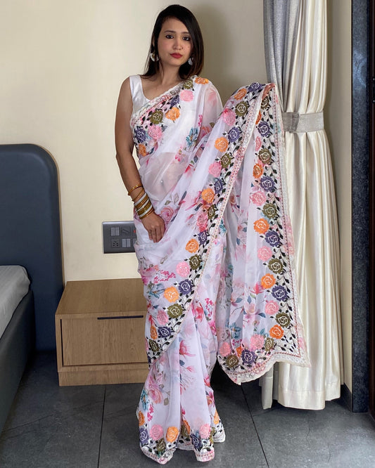 Traditional Bollywood Wear White Georgette Saree
