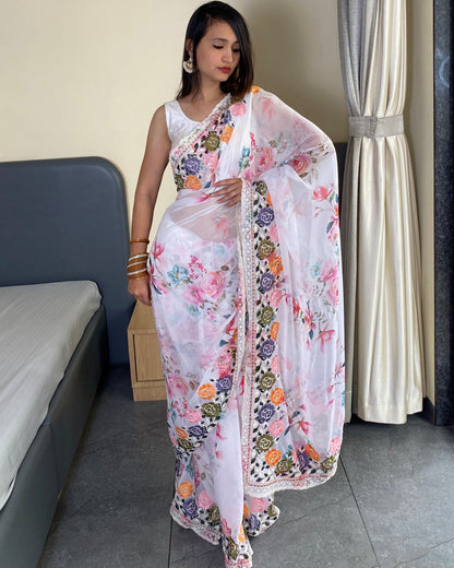Traditional Bollywood Wear White Georgette Saree