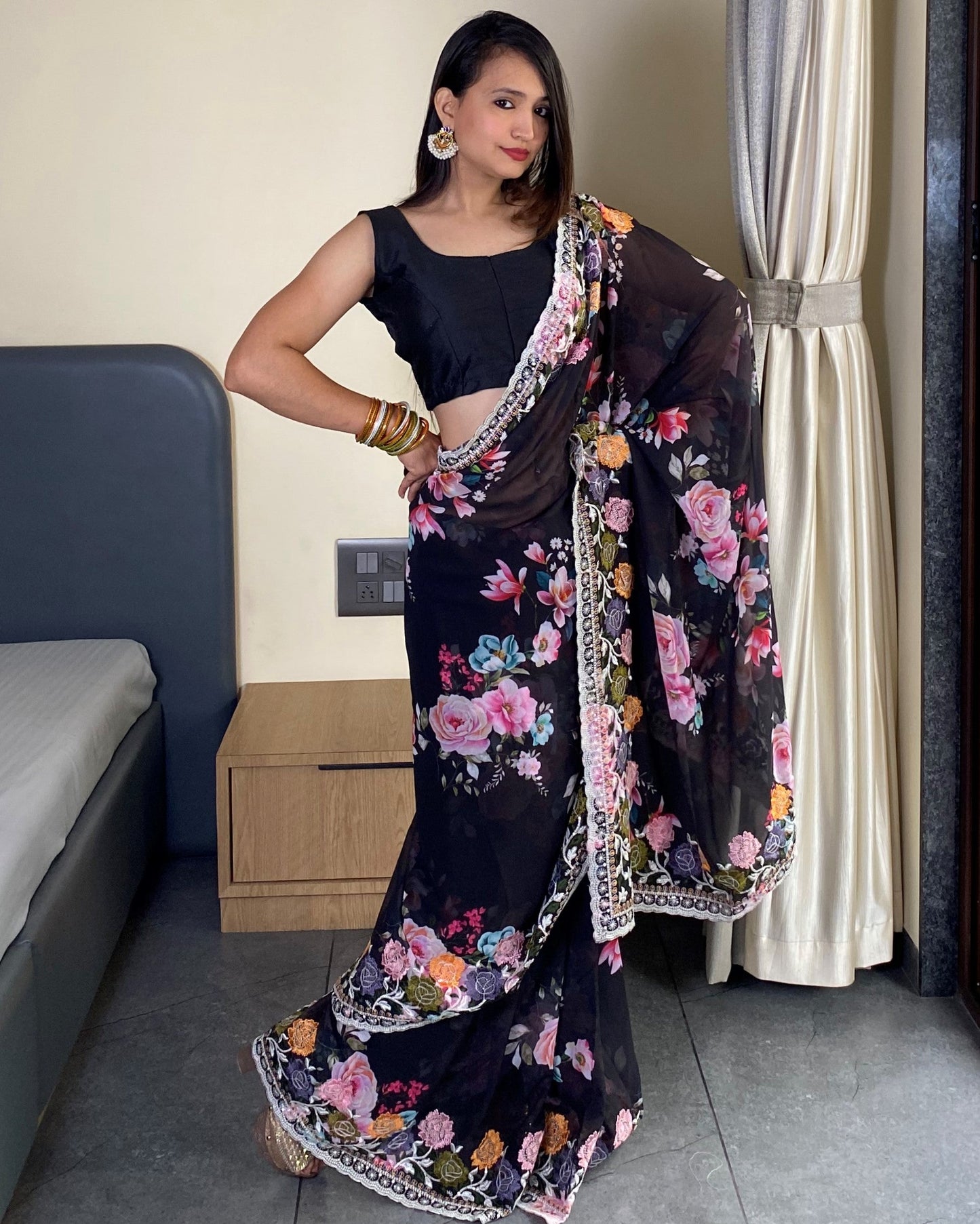 Traditional Bollywood Wear Black Georgette Saree