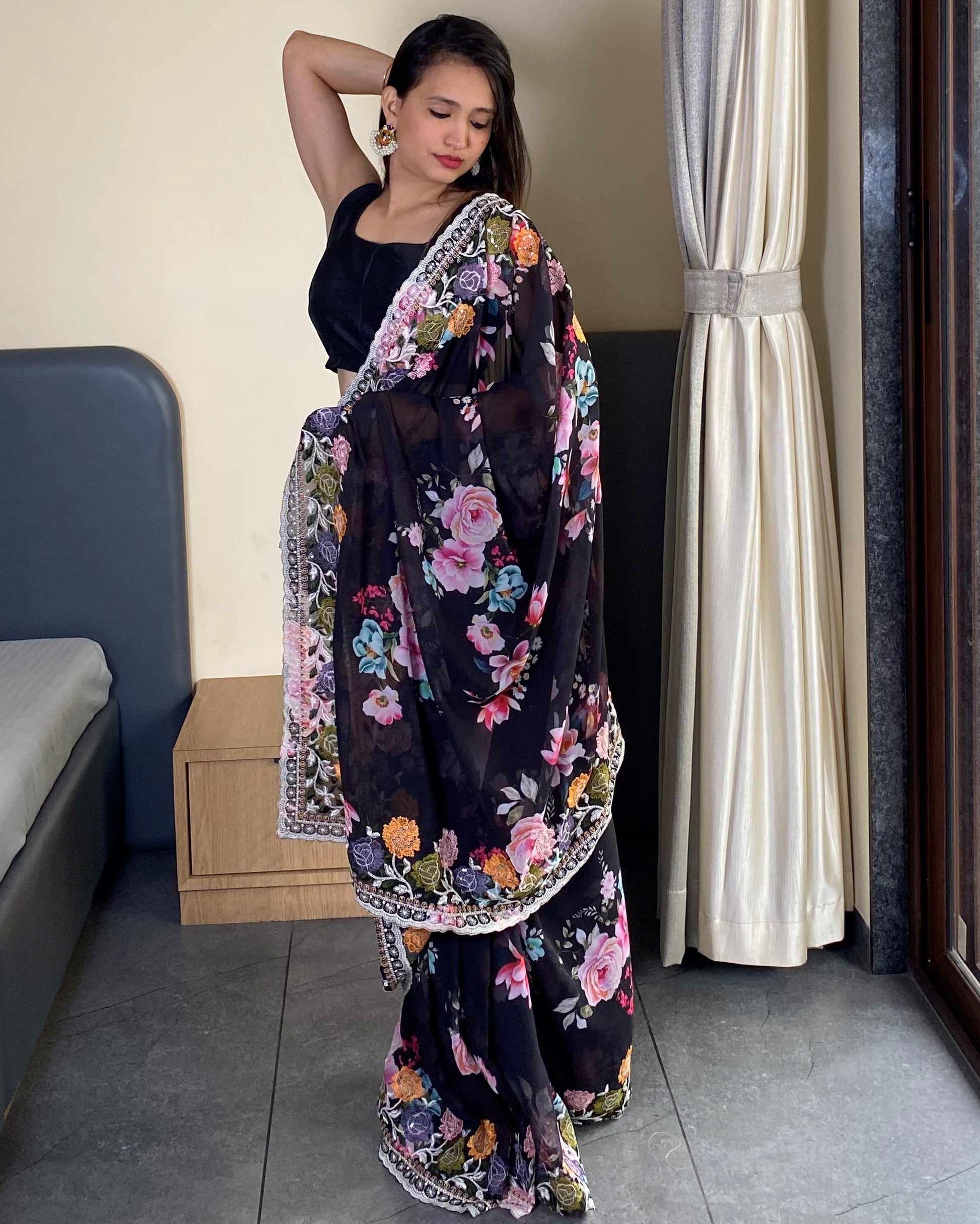 Traditional Bollywood Wear Black Georgette Saree