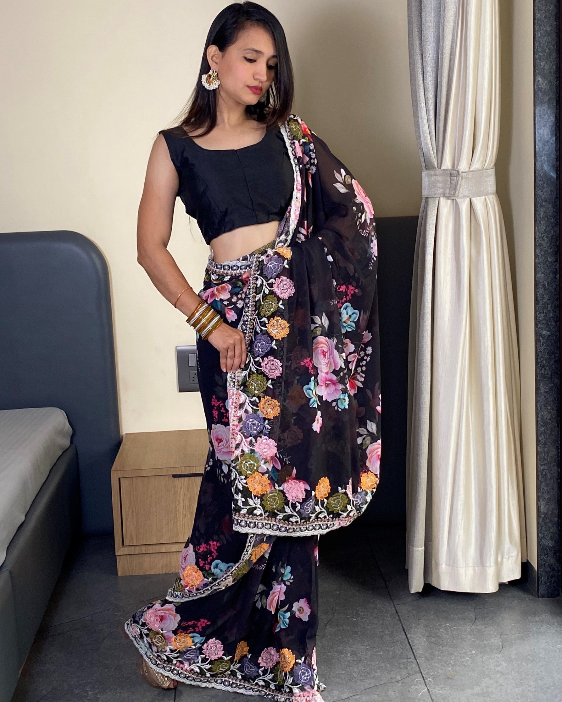 Traditional Bollywood Wear Black Georgette Saree