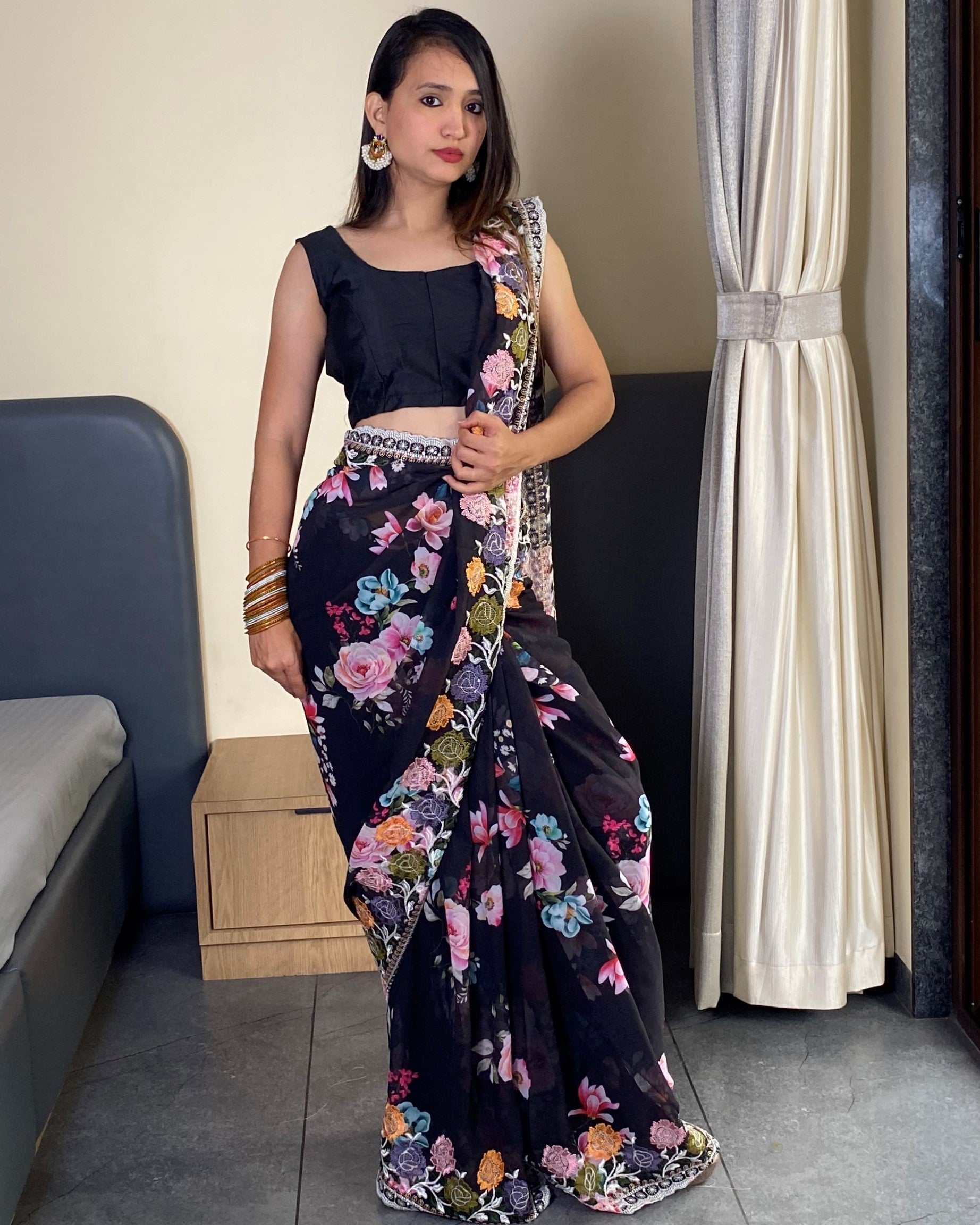Traditional Bollywood Wear Black Georgette Saree