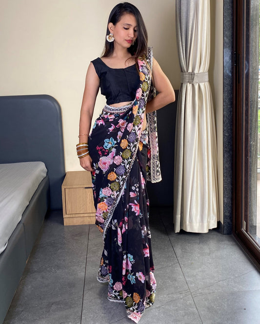 Traditional Bollywood Wear Black Georgette Saree