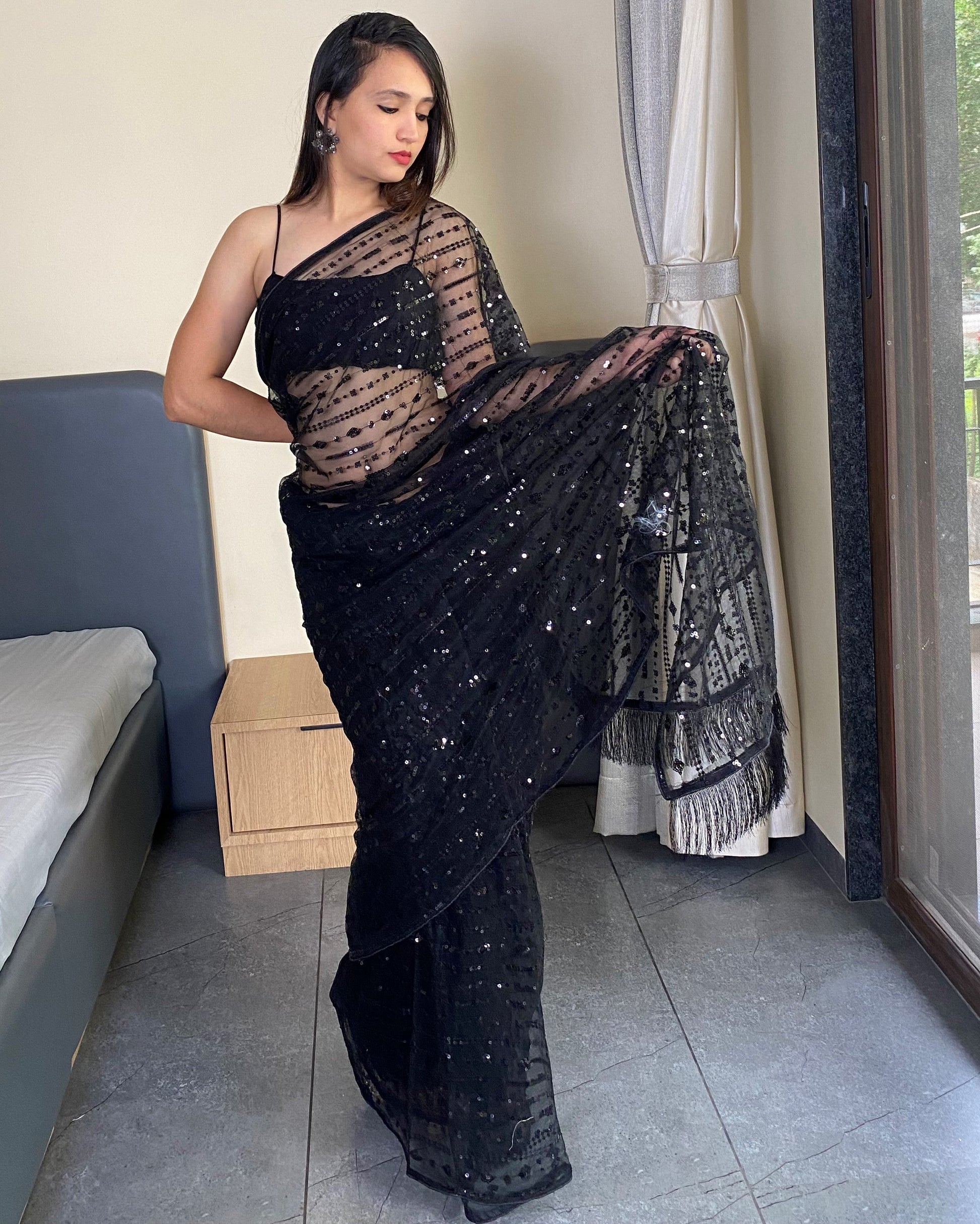 Black Trending Sequence Party Wear Saree