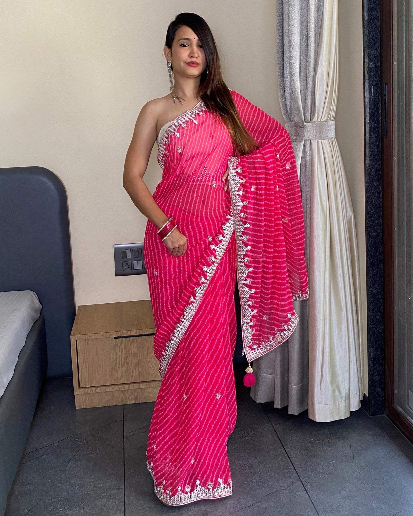Pink Georgette Designer Leheriya Saree