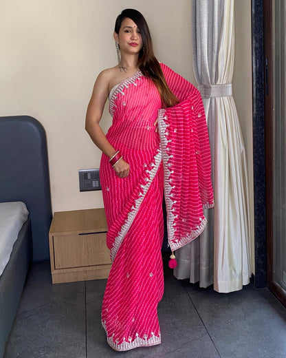 Pink Georgette Designer Leheriya Saree