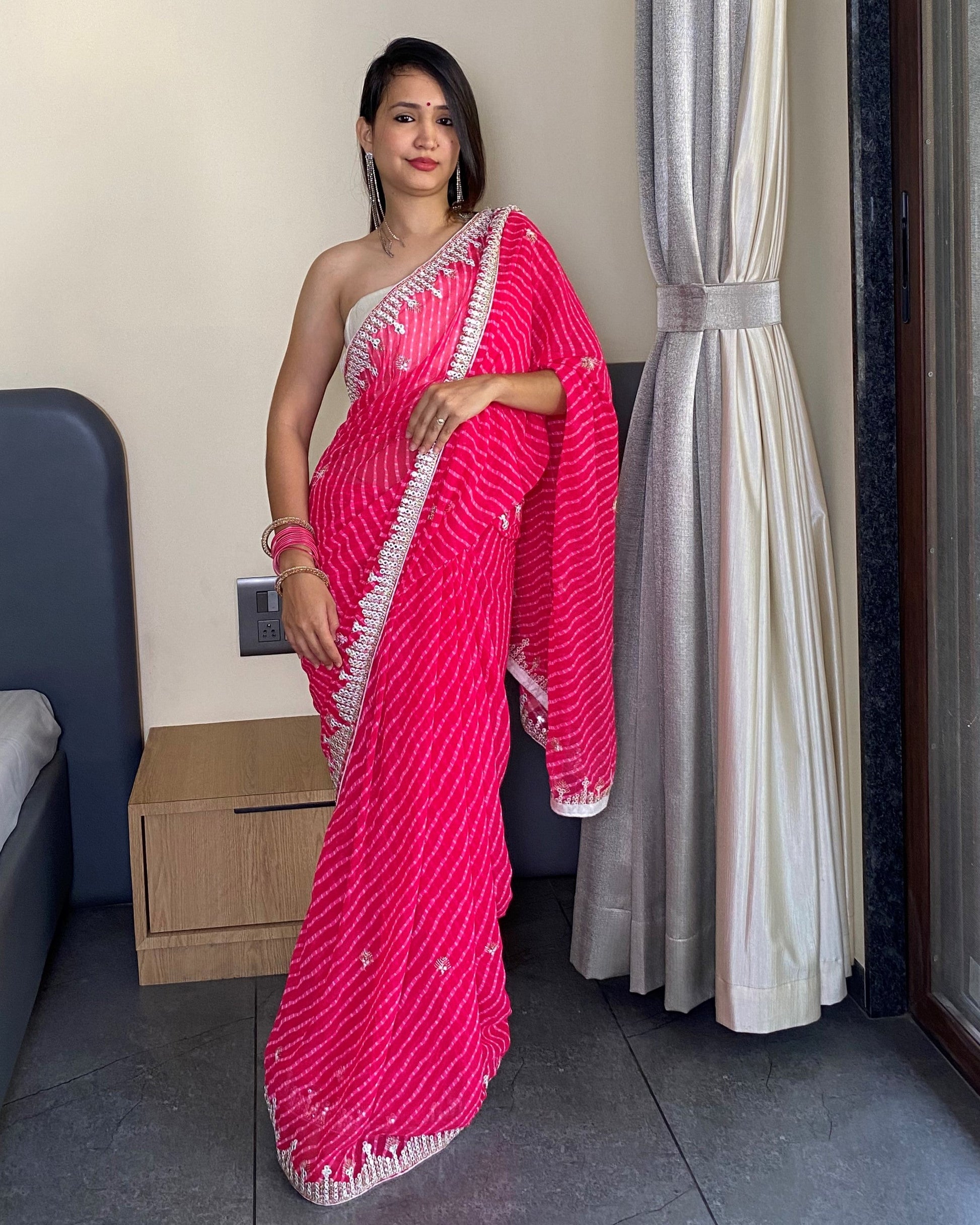 Pink Georgette Designer Leheriya Saree