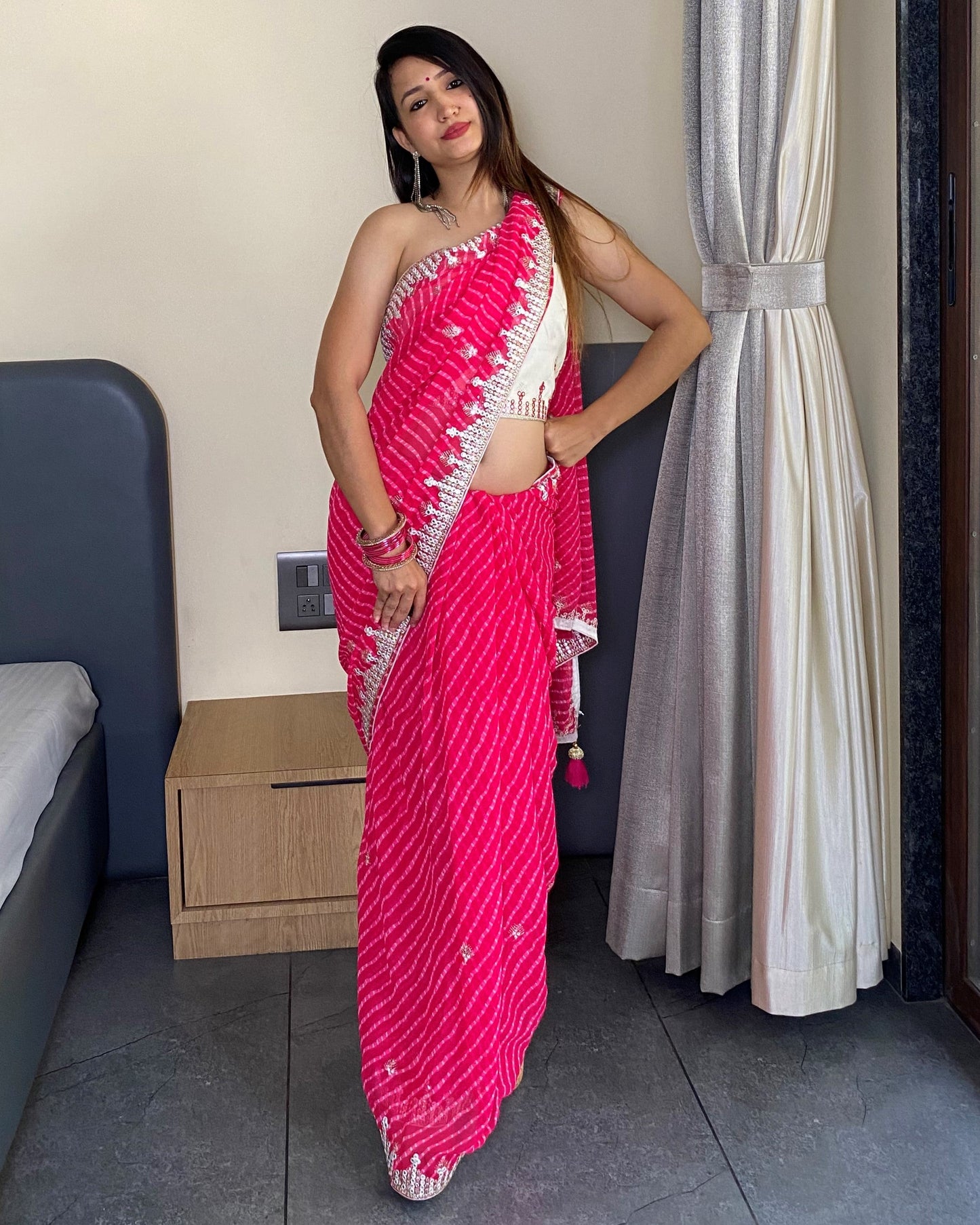 Pink Georgette Designer Leheriya Saree