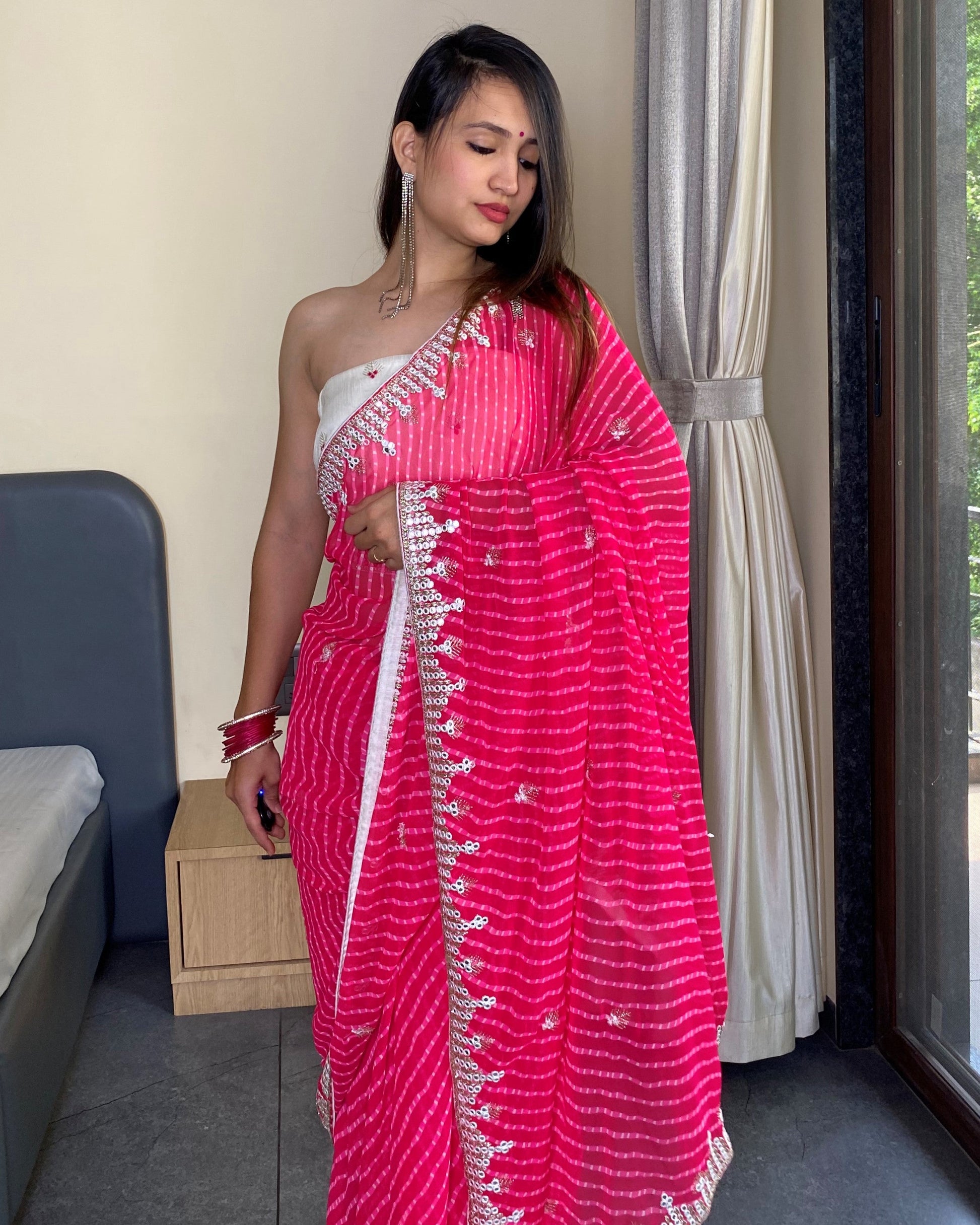 Pink Georgette Designer Leheriya Saree