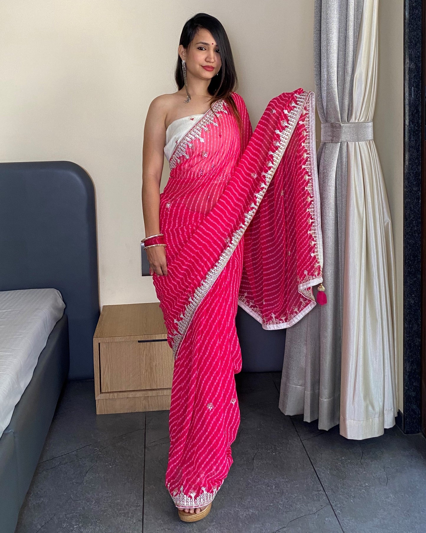 Pink Georgette Designer Leheriya Saree