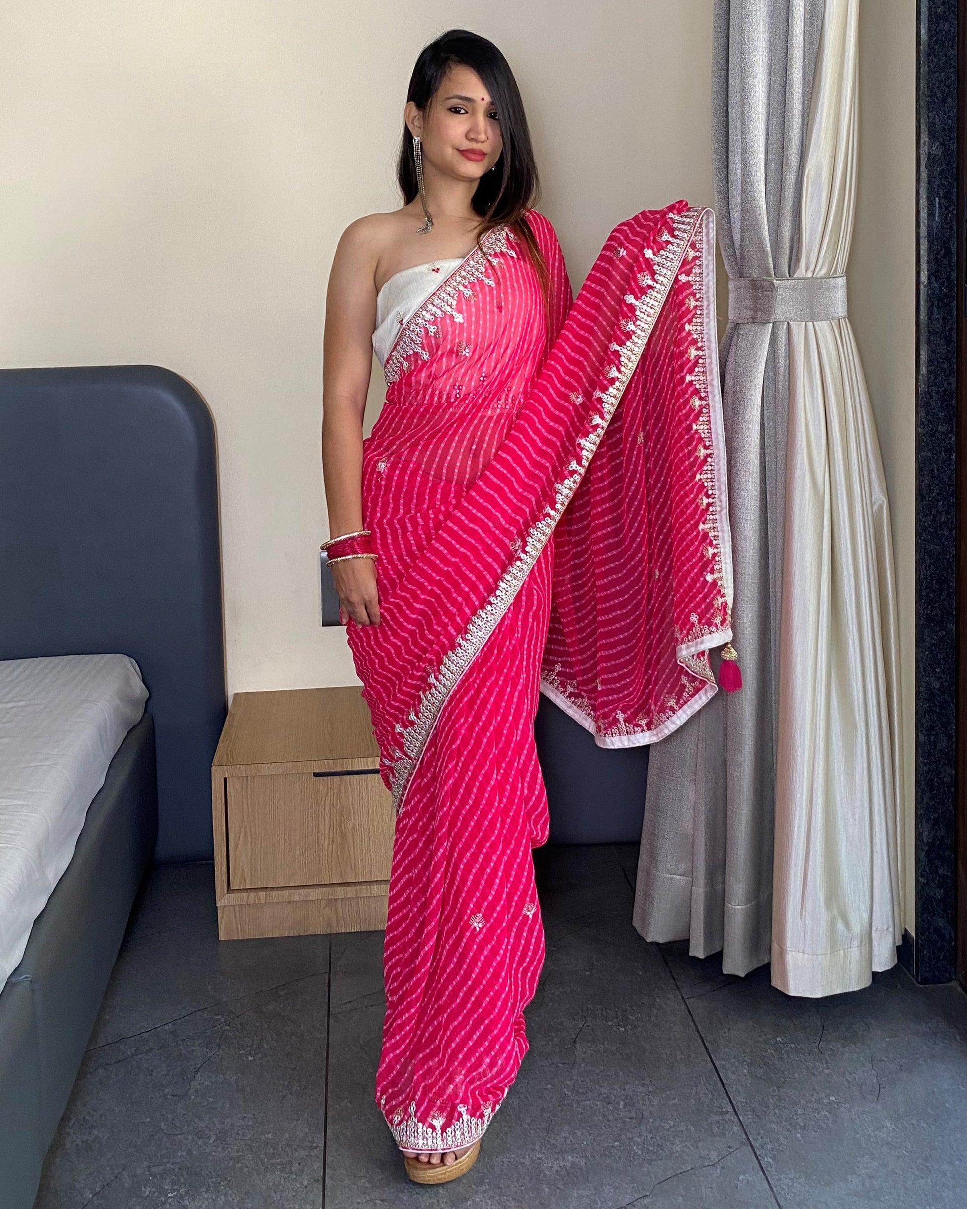 Pink Georgette Designer Leheriya Saree