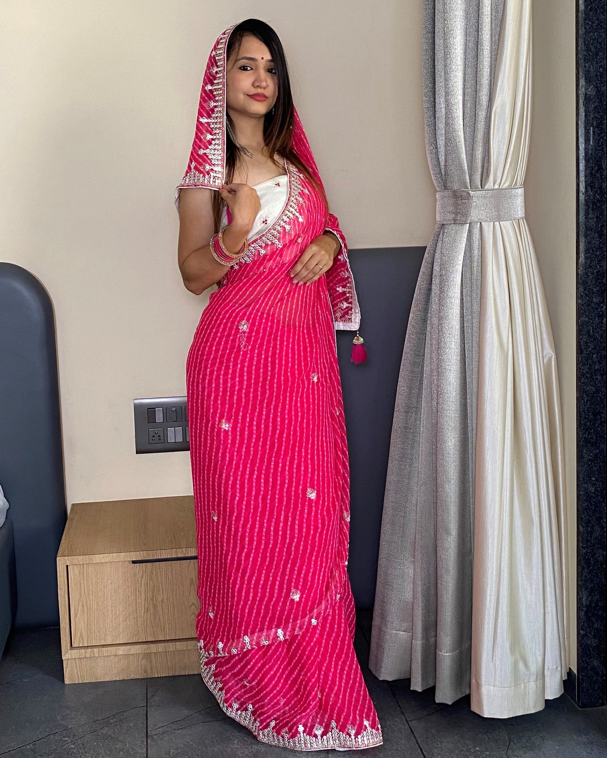 Pink Georgette Designer Leheriya Saree