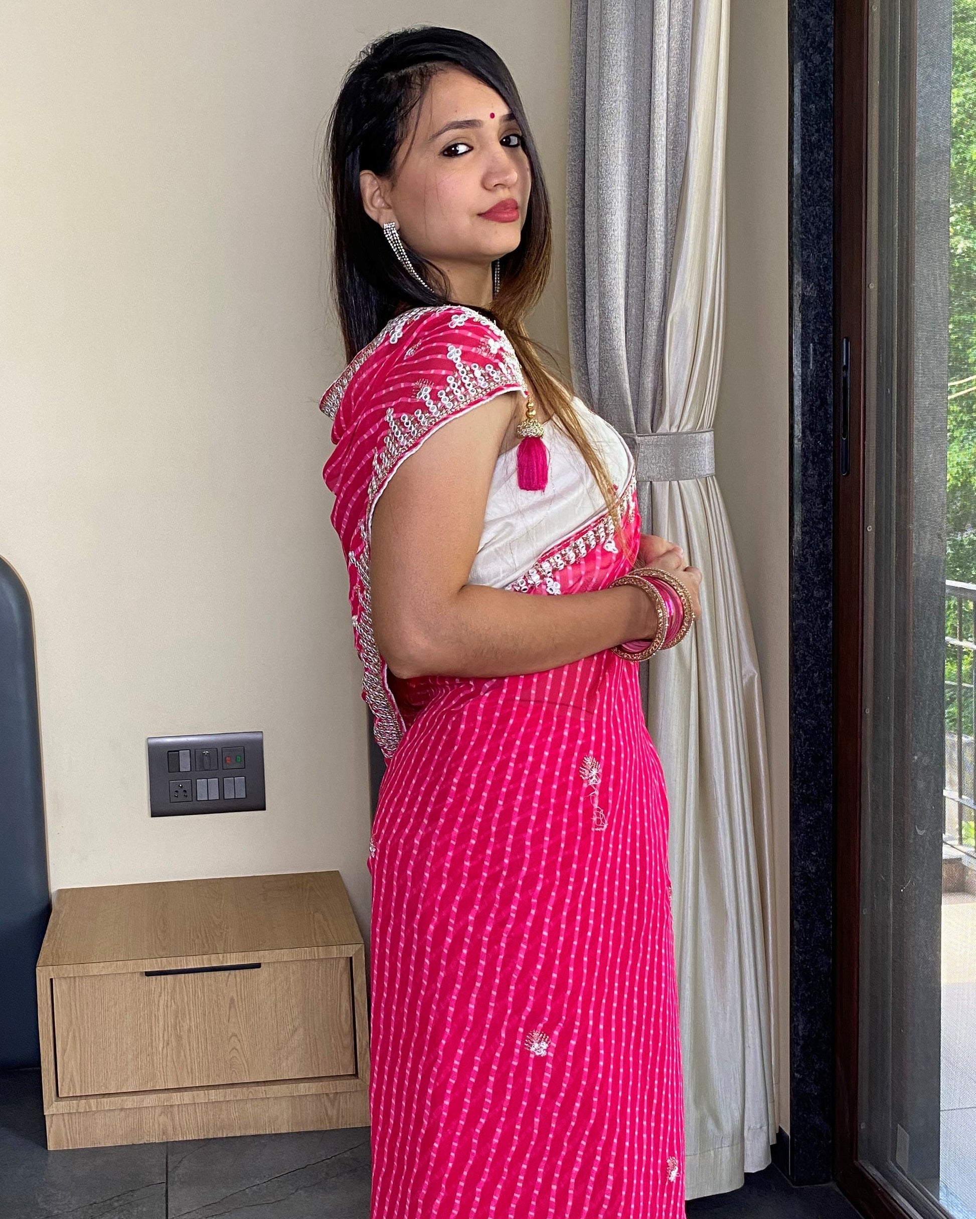 Pink Georgette Designer Leheriya Saree