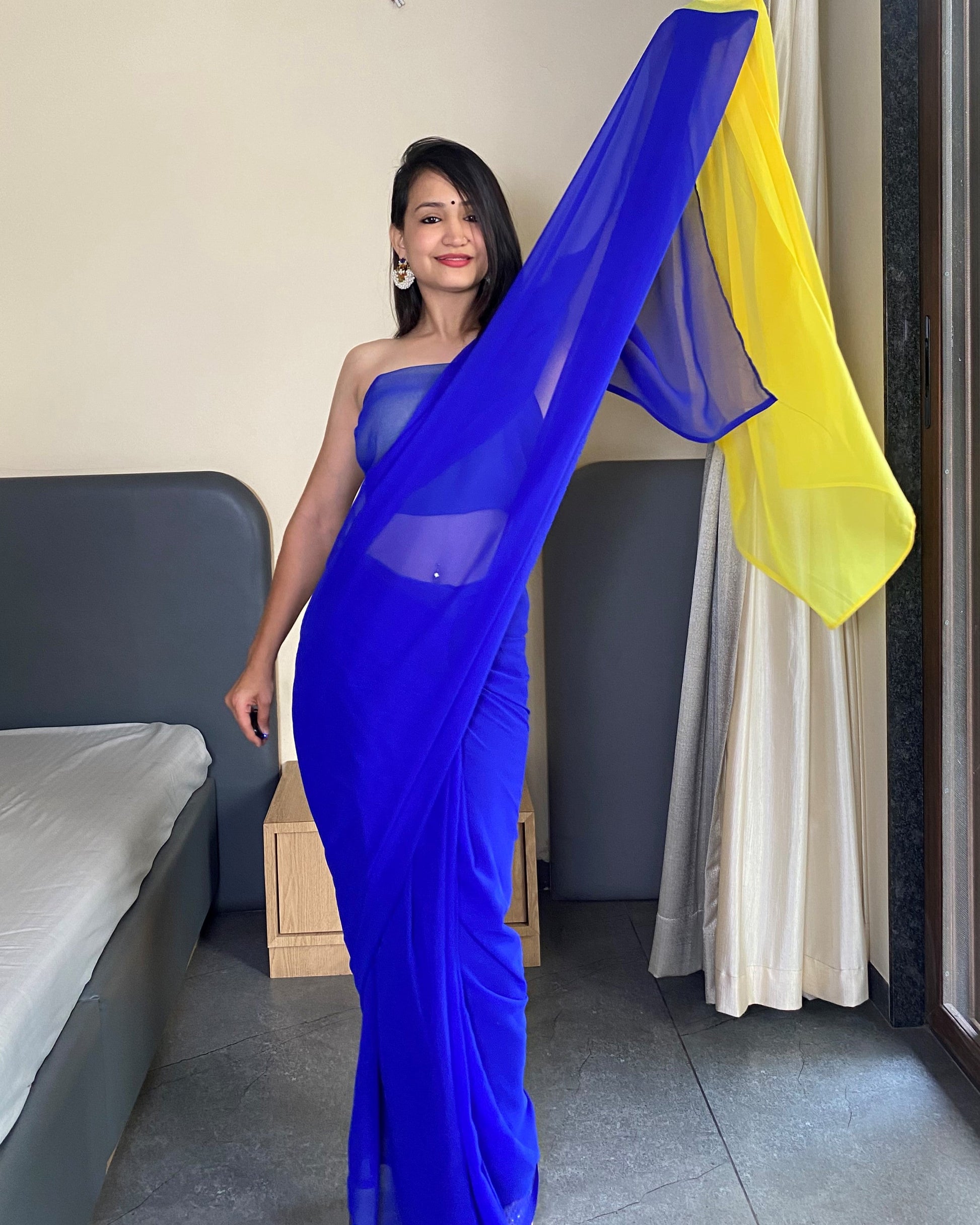 Alia Bhatt Bollywood Style Blue And Yellow 1 Minutes Ready to Wear Saree