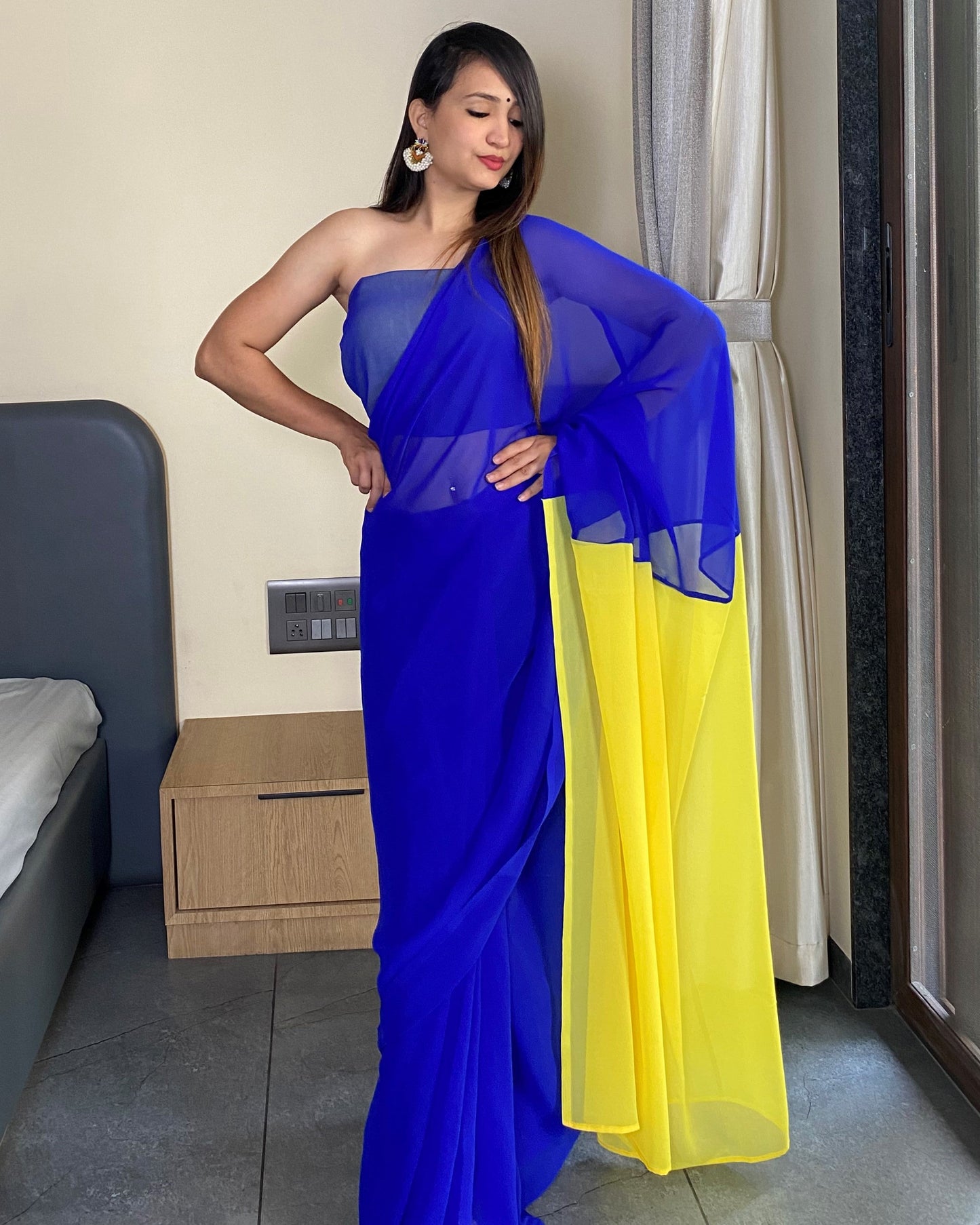 Alia Bhatt Bollywood Style Blue And Yellow 1 Minutes Ready to Wear Saree