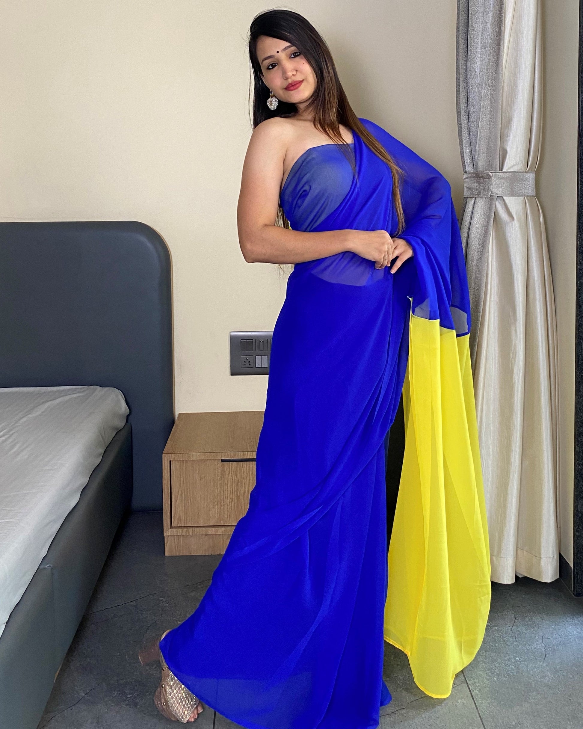 Alia Bhatt Bollywood Style Blue And Yellow 1 Minutes Ready to Wear Saree