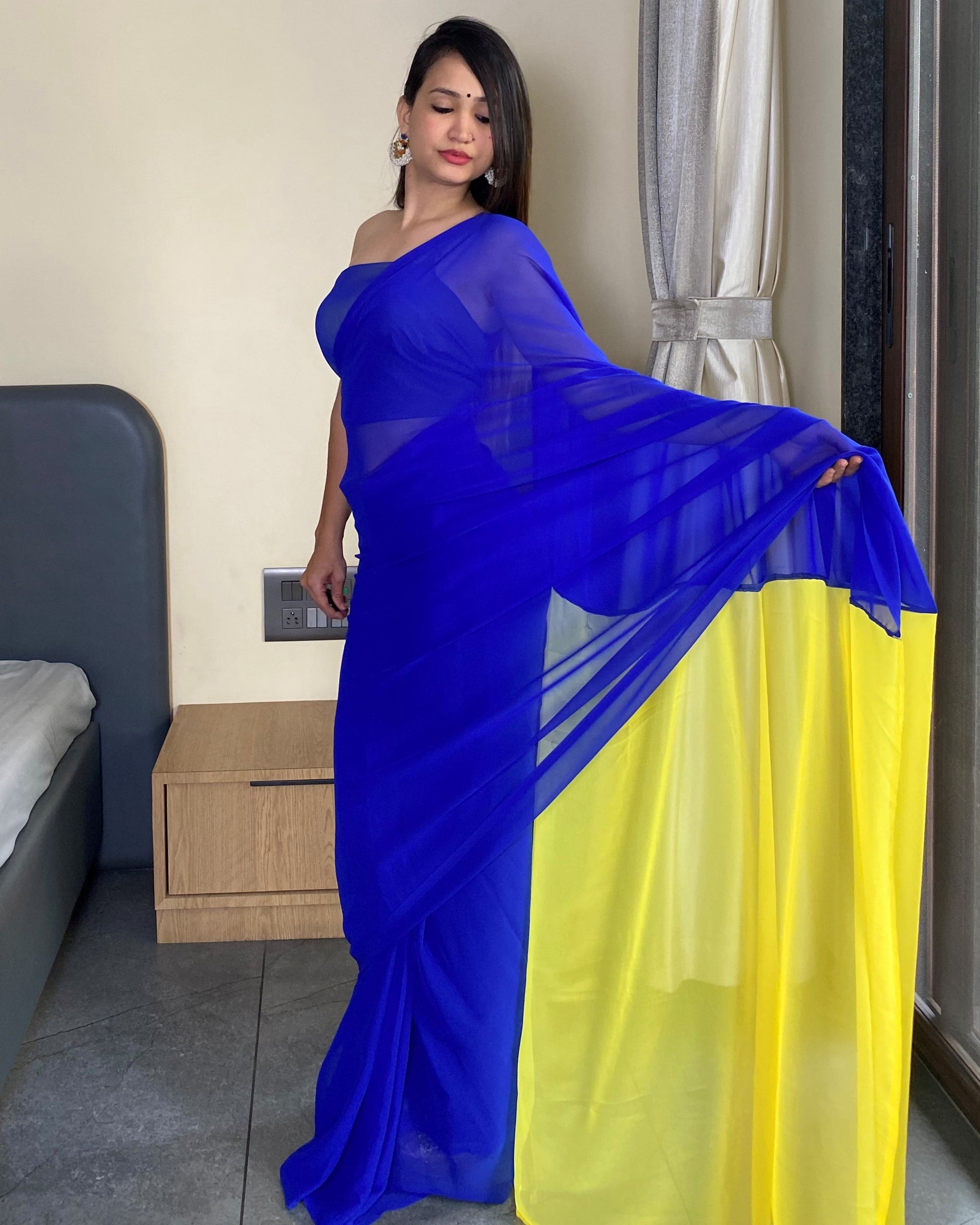 Alia Bhatt Bollywood Style Blue And Yellow 1 Minutes Ready to Wear Saree