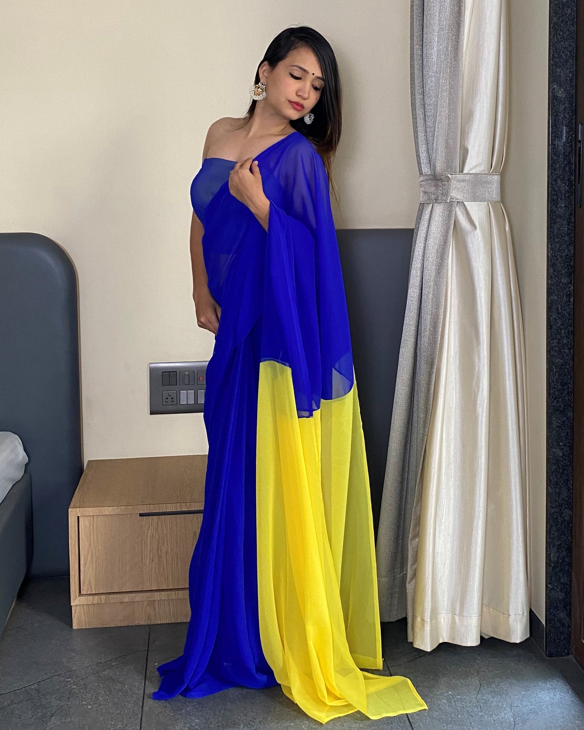 Alia Bhatt Bollywood Style Blue And Yellow 1 Minutes Ready to Wear Saree