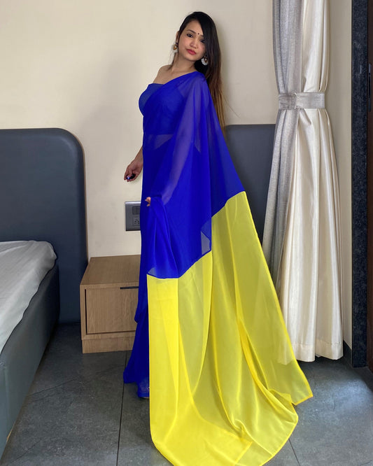 Alia Bhatt Bollywood Style Blue And Yellow 1 Minutes Ready to Wear Saree