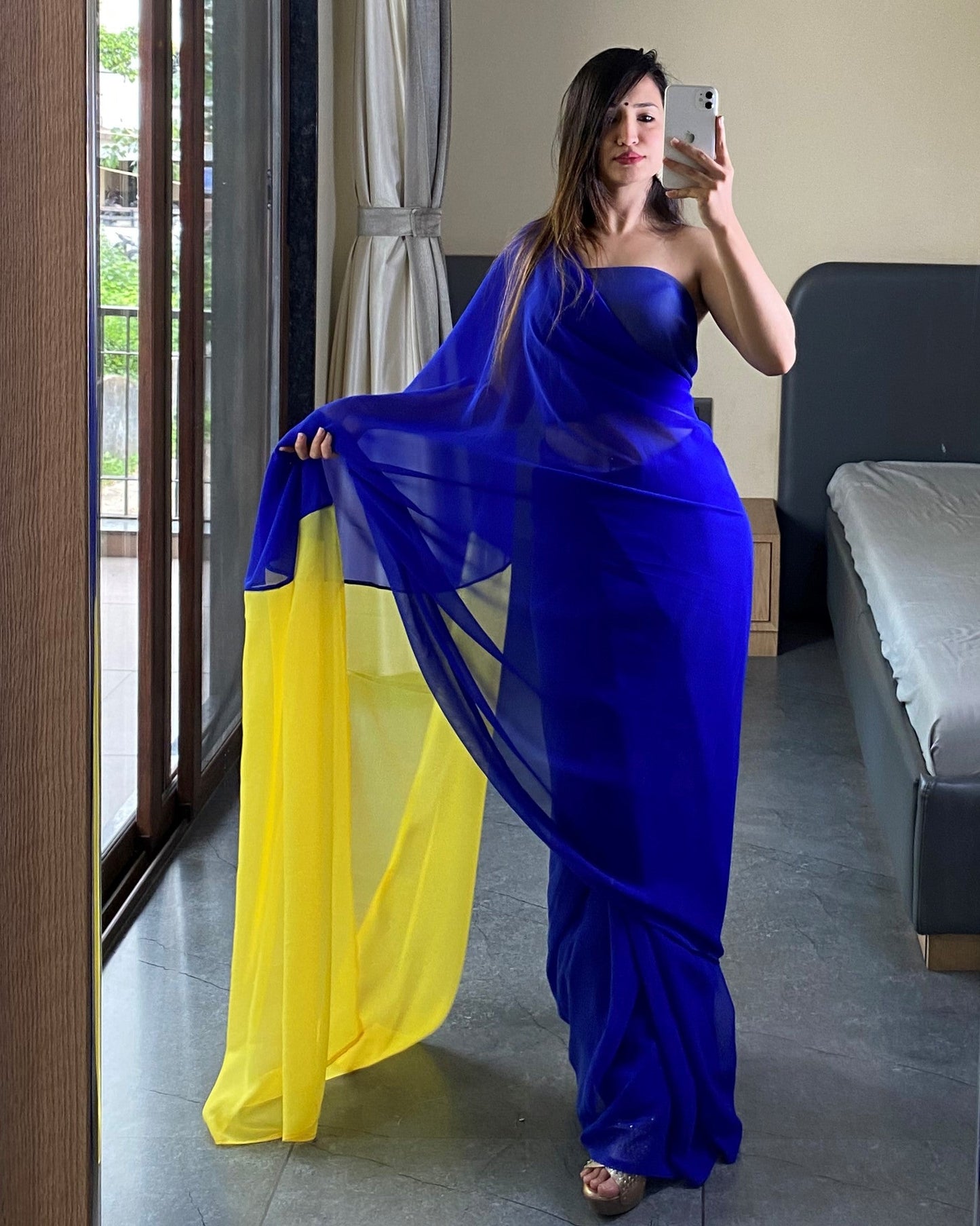 Alia Bhatt Bollywood Style Blue And Yellow 1 Minutes Ready to Wear Saree
