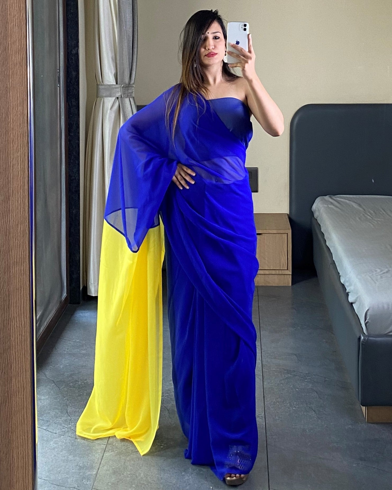 Alia Bhatt Bollywood Style Blue And Yellow 1 Minutes Ready to Wear Saree