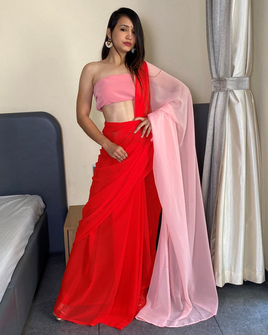 Alia Bhatt Red And Baby Pink  Printed Ready to Wear Bollywood Saree