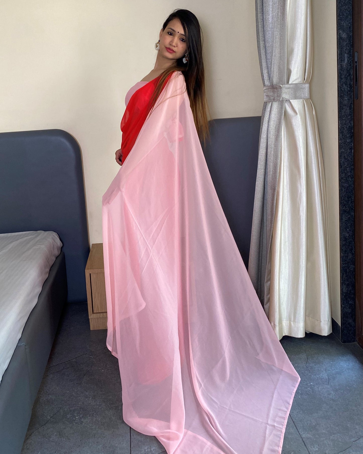 Alia Bhatt Red And Baby Pink  Printed Ready to Wear Bollywood Saree