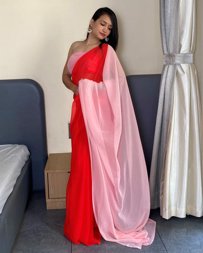 Alia Bhatt Red And Baby Pink  Printed Ready to Wear Bollywood Saree