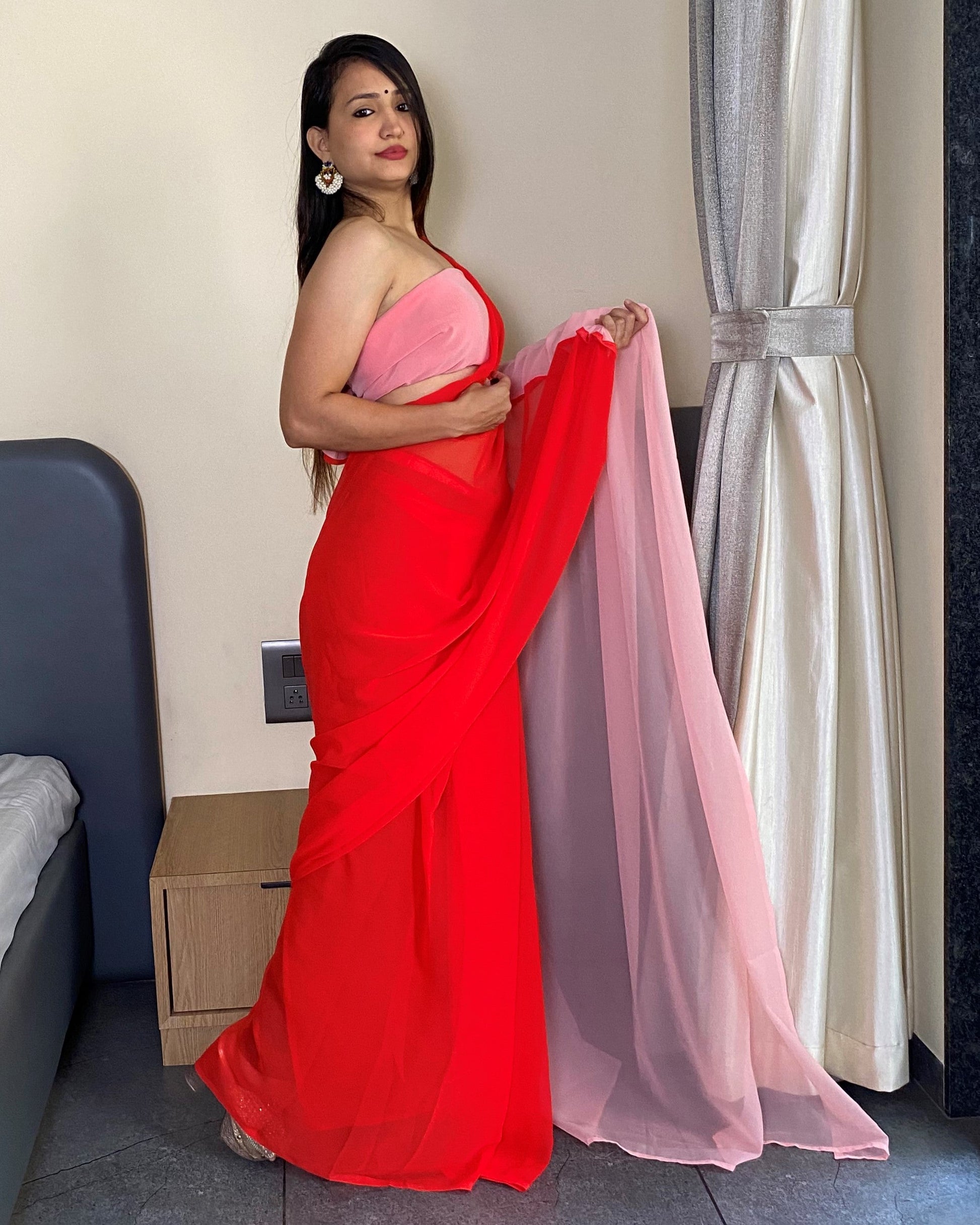 Alia Bhatt Red And Baby Pink  Printed Ready to Wear Bollywood Saree