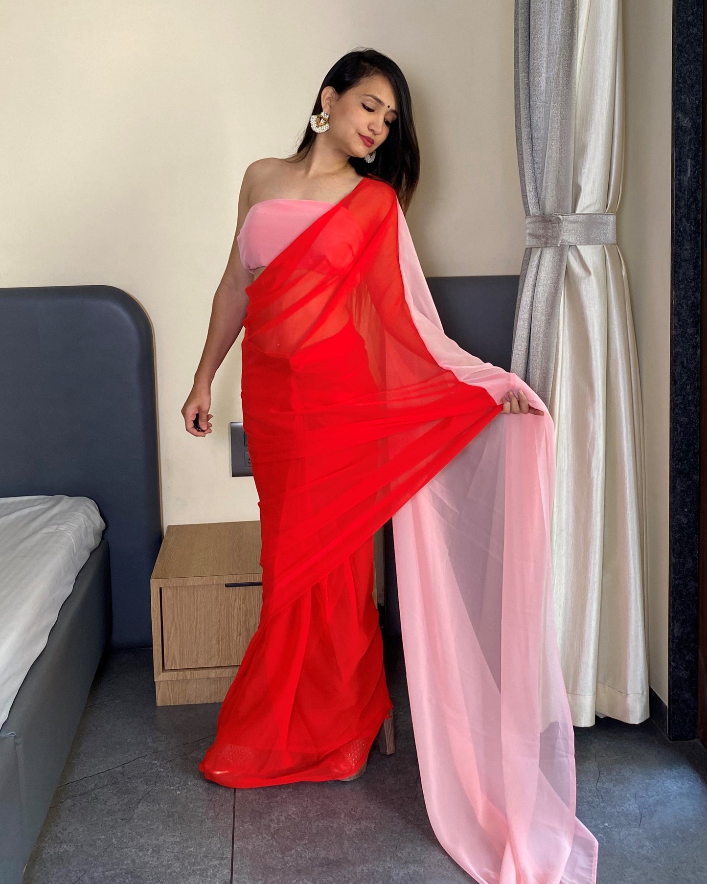 Alia Bhatt Red And Baby Pink  Printed Ready to Wear Bollywood Saree