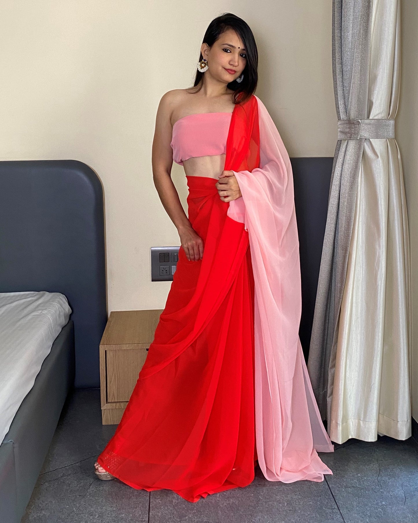 Alia Bhatt Red And Baby Pink  Printed Ready to Wear Bollywood Saree